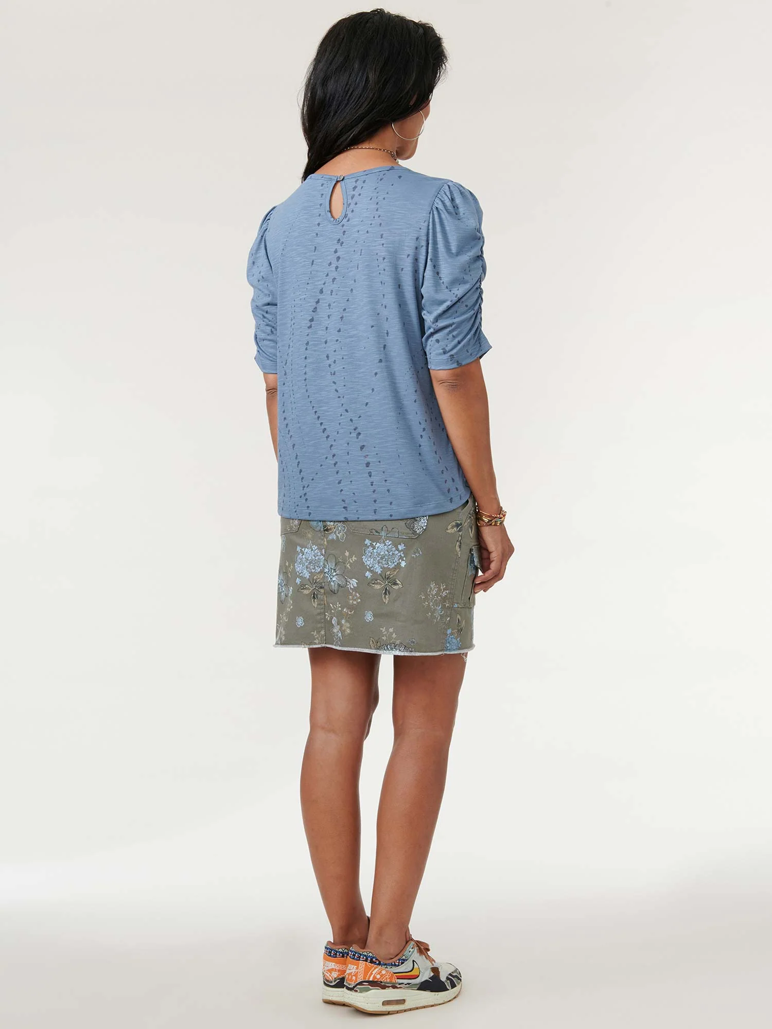 Ruched Elbow Sleeve Scoop Neck Dot Print Knit Top - Legahigh