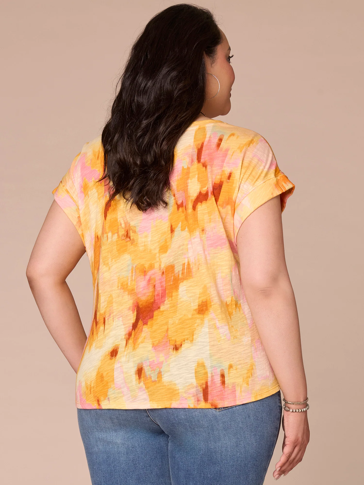Roll Cuff Sleeve Scoop Neck Twist Hem Tie-Dye Plus Size Knit Top - Legahigh