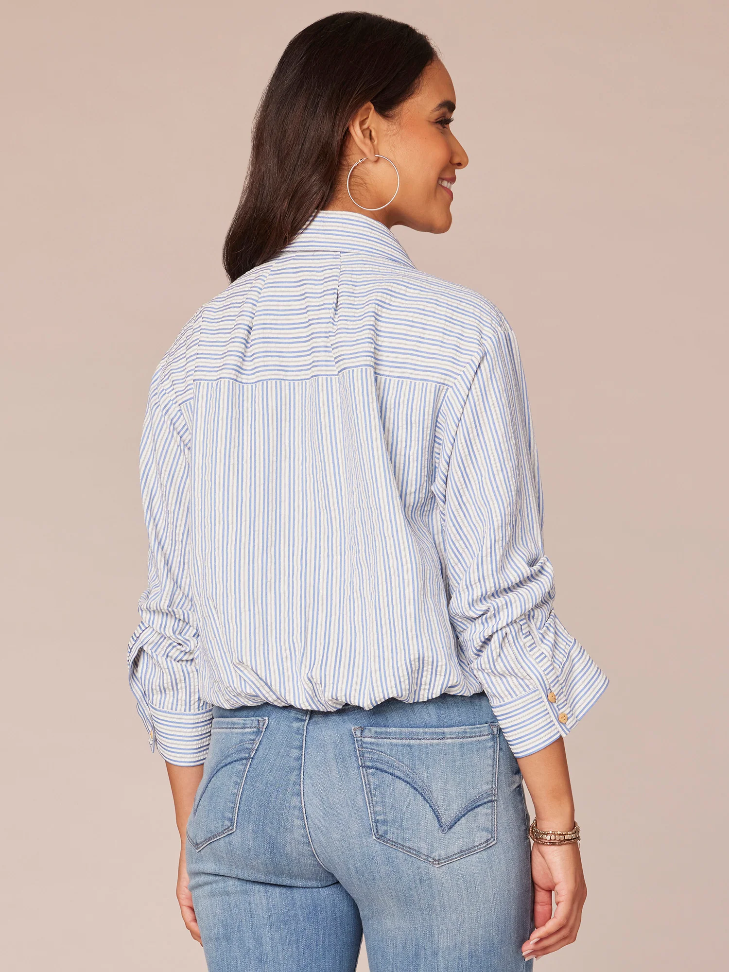 Three Quarter Tucked Sleeve Button Down Spliced Stripe Woven Shirt - Legahigh