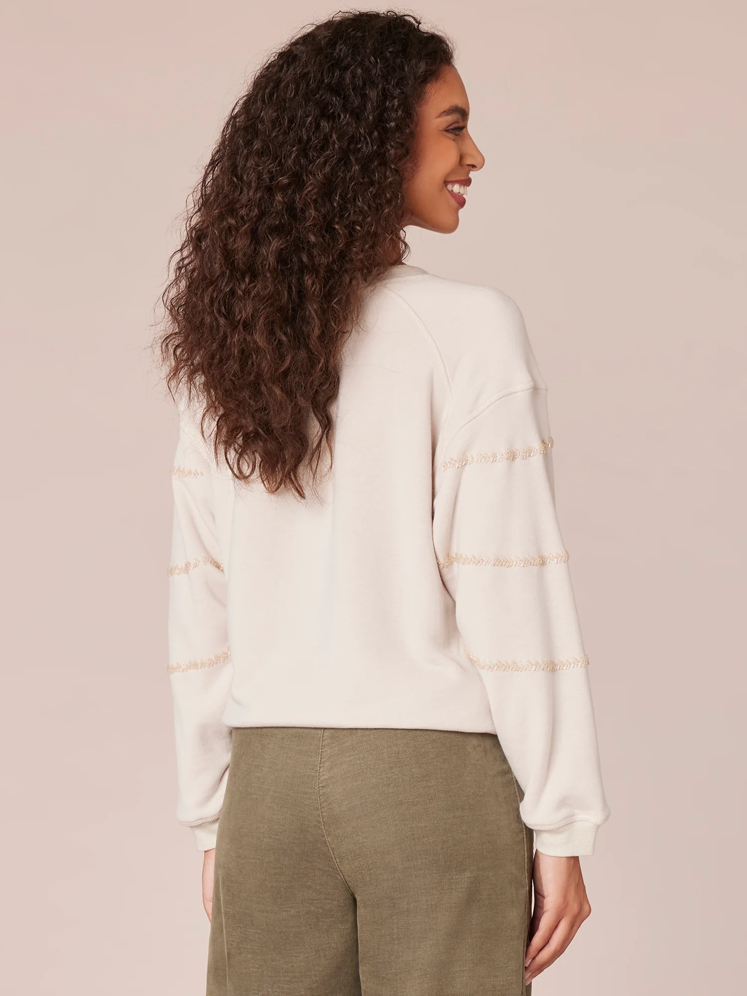 Long Sleeve Scoop Neck Beaded Stripe Cased Hem Knit Sweatshirt - Legahigh