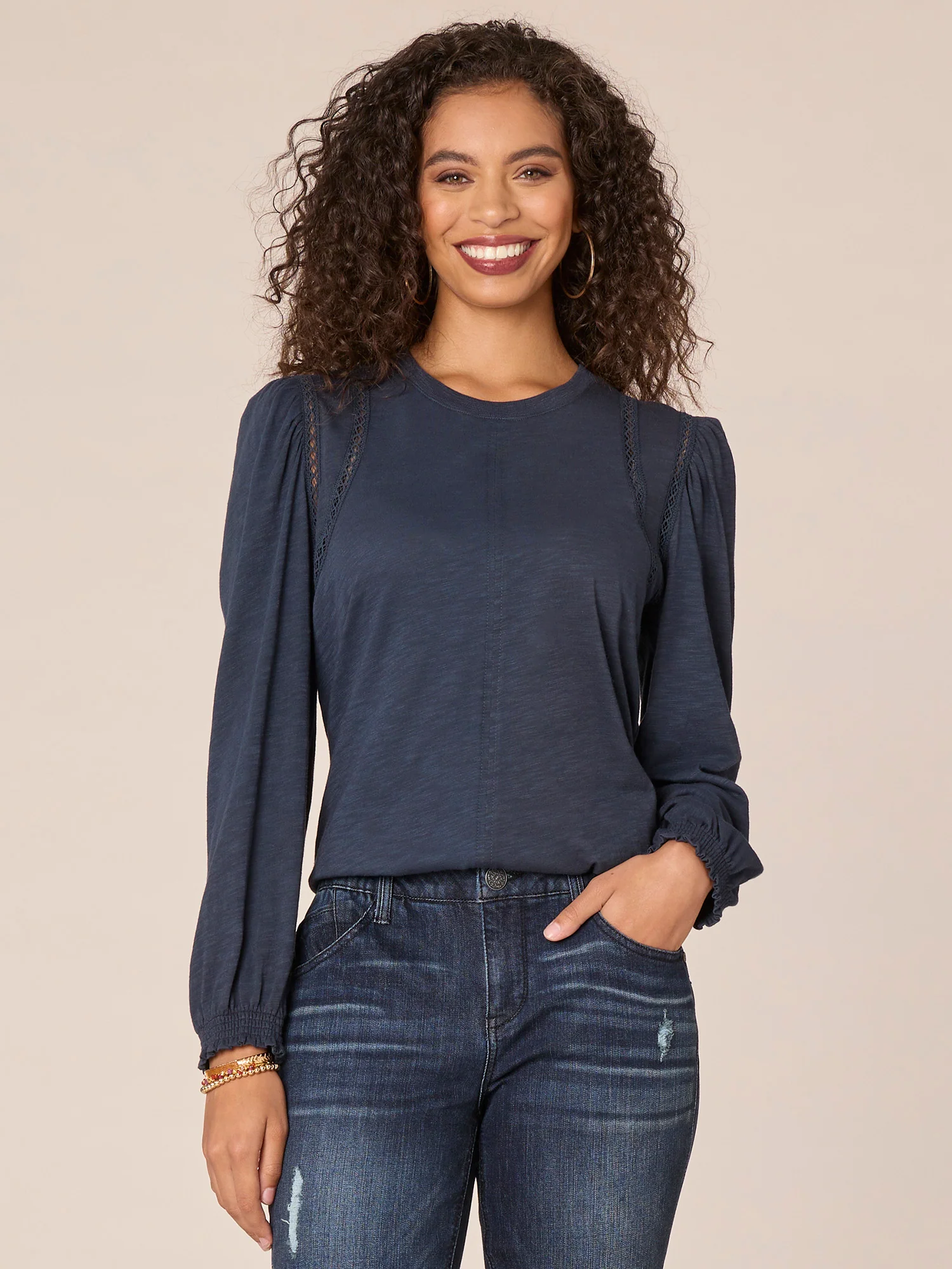 Long Puff Ruffle Sleeve Crew Neck Ladder Crochet Knit Top - Legahigh