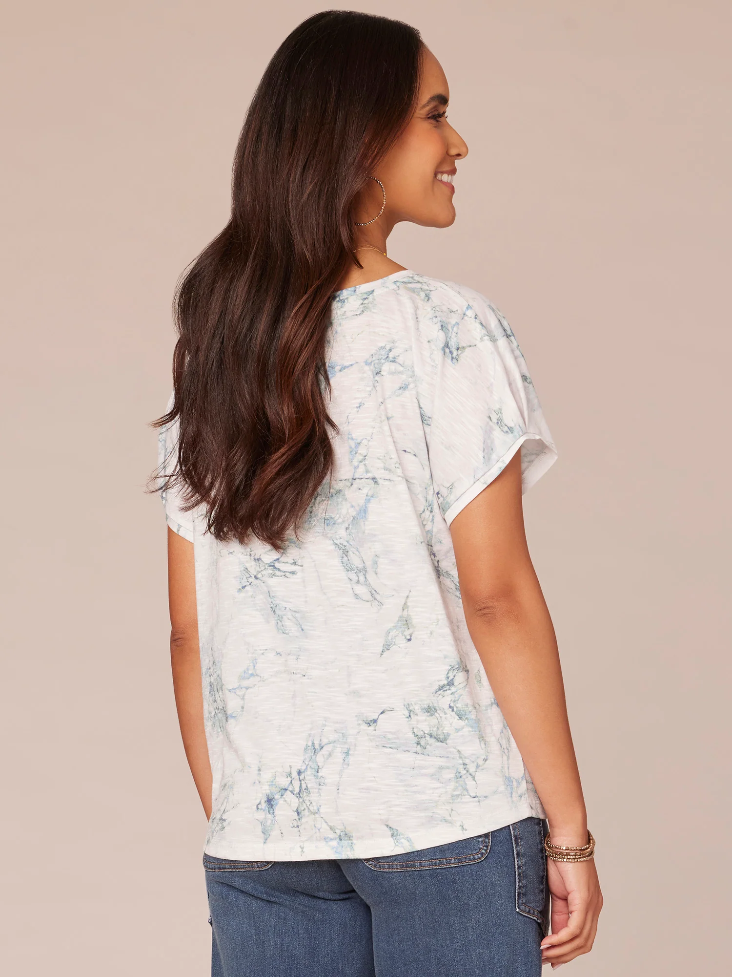 Short Pleated Sleeve Scoop Neck Marble Print Knit Top with Twist Hem - Legahigh