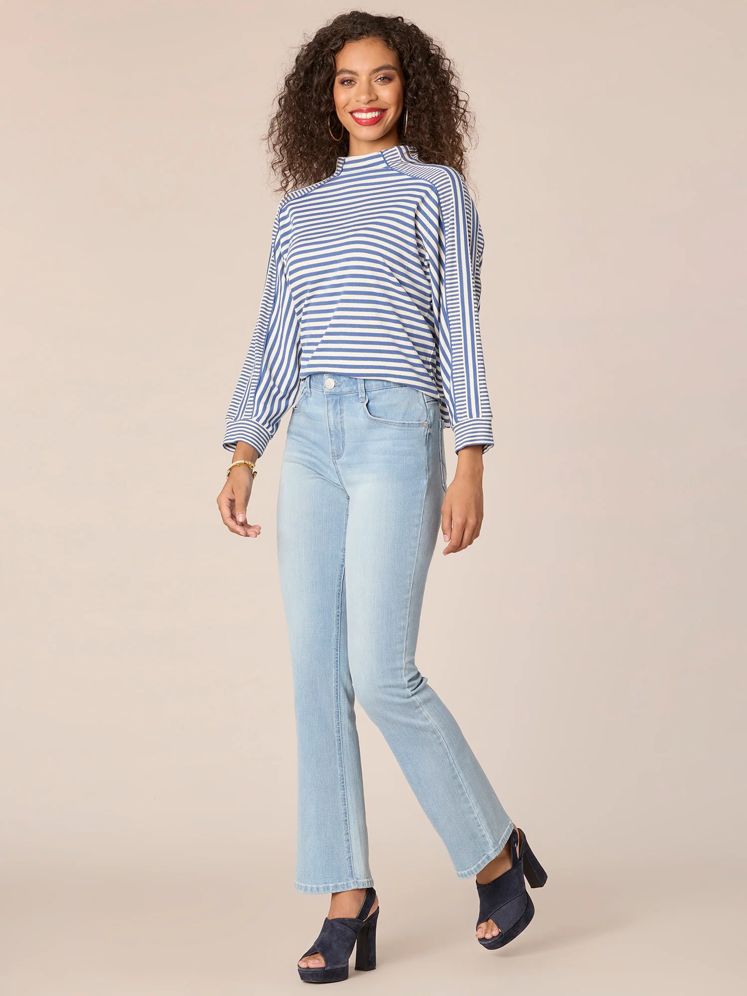 Three Quarter Dolman Sleeve Mock Neck Stripe Blocked Print Knit Top - Legahigh