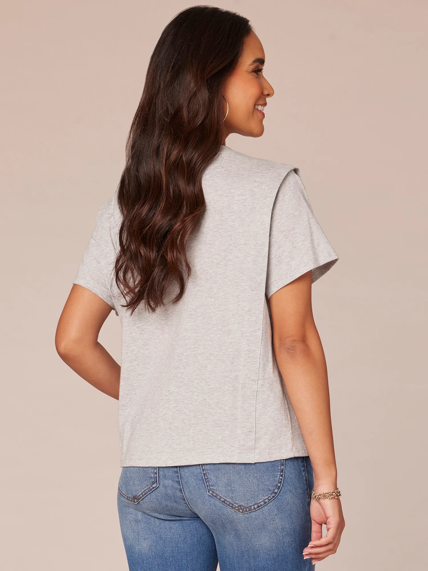 Short Flange Shoulder Sleeve Scoop Neck Shimmery Knit Top - Legahigh