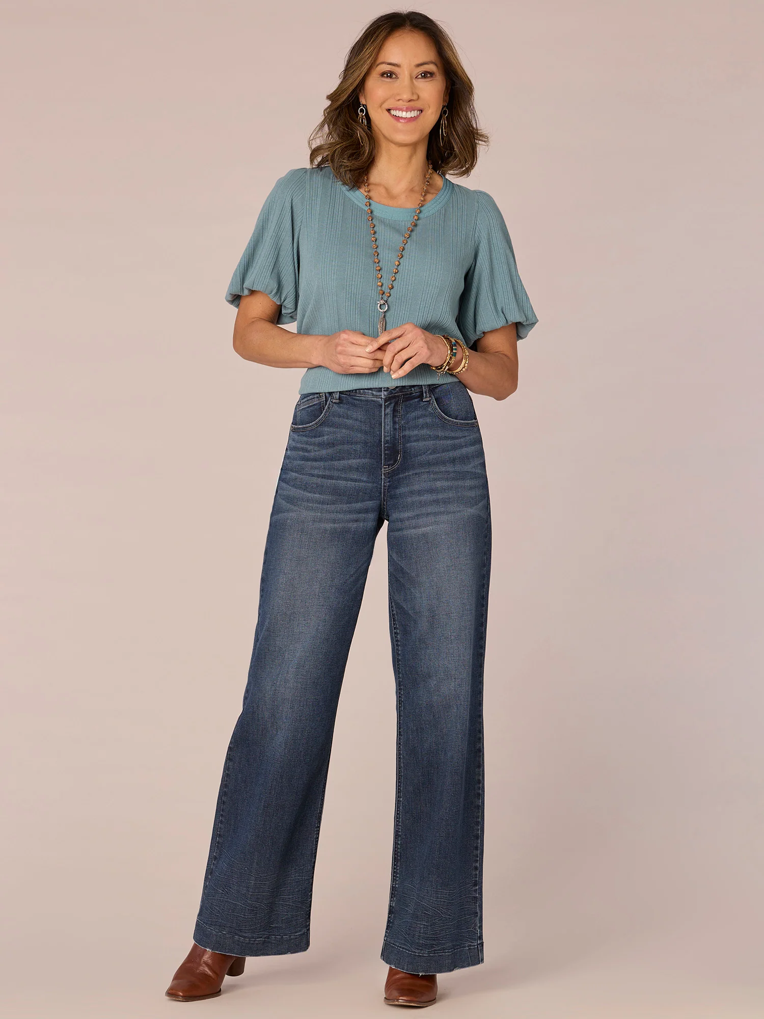 Short Blouson Puff Shoulder Sleeve Scoop Neck Mixed Media Knit Top - Legahigh