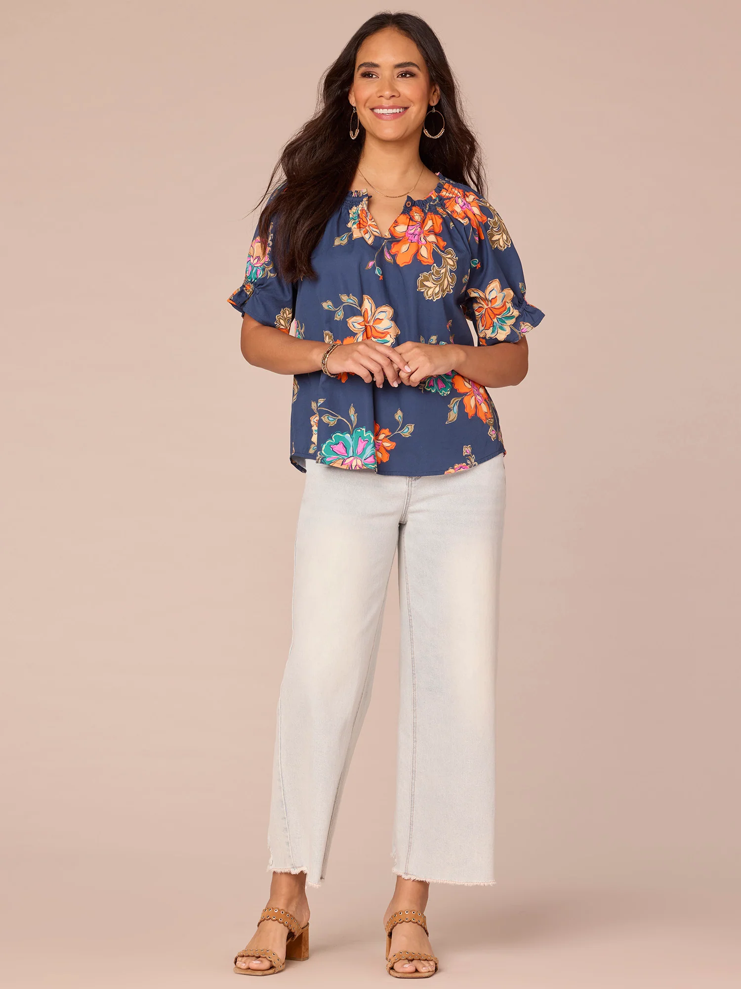 Short Sleeve Round Neck Floral Print Petite Woven Top with Smocking - Legahigh