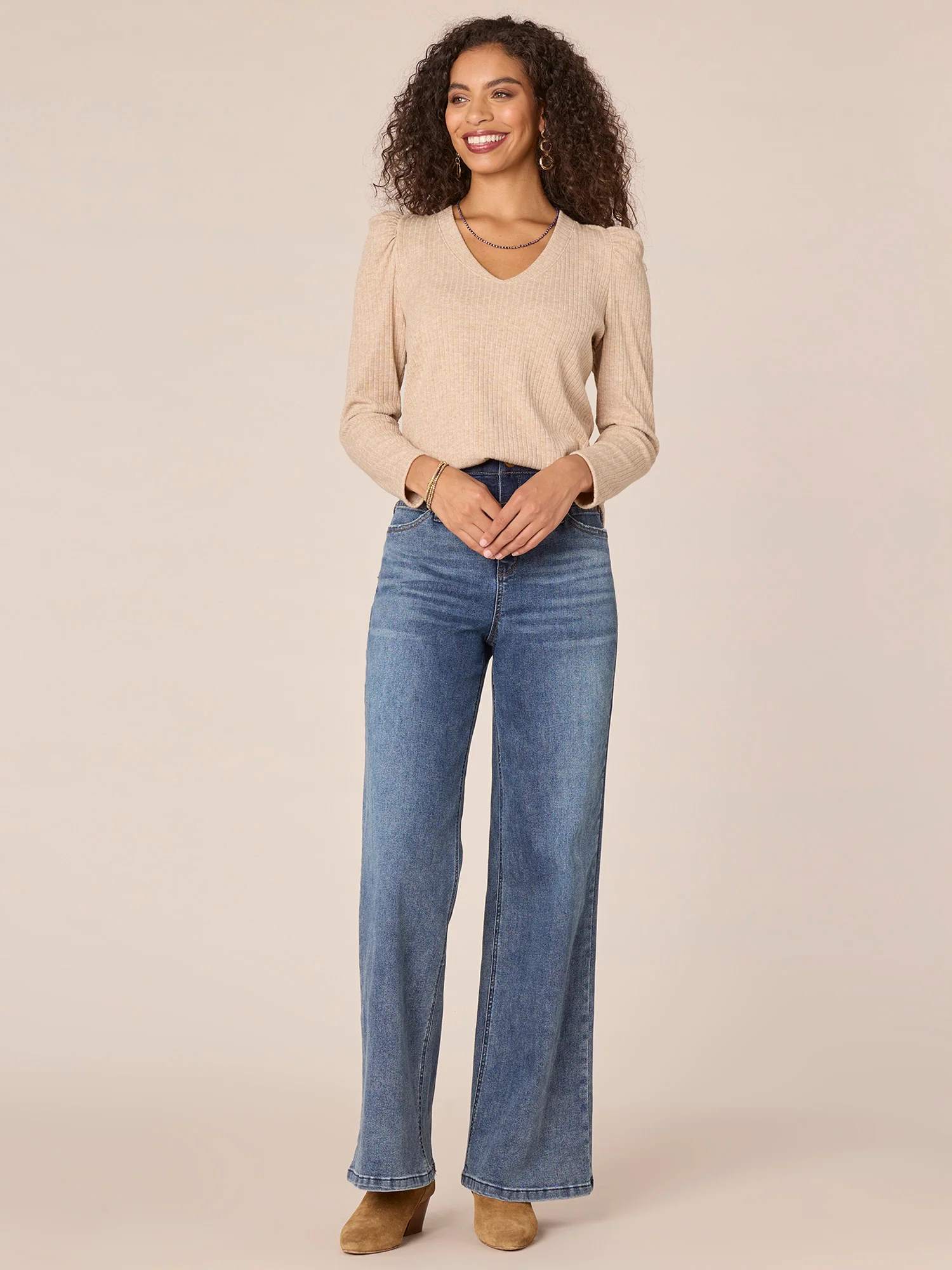 Long Puff Shoulder Sleeve V-Neck Surplus Shirttail Hem Knit Top - Legahigh