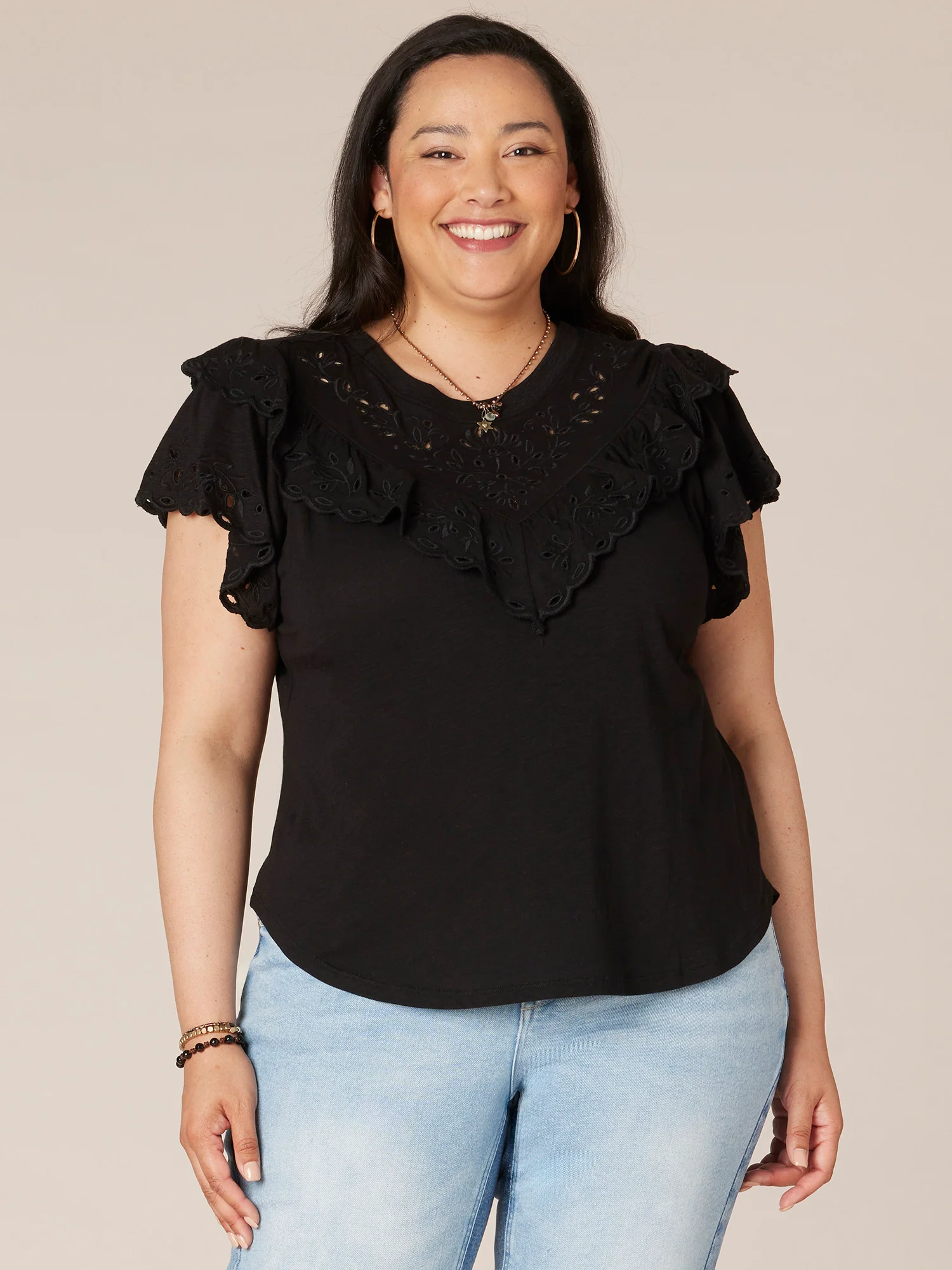 Short Ruffle Raglan Sleeve Scoop Neck V-Yoke Plus Size Knit Top - Legahigh