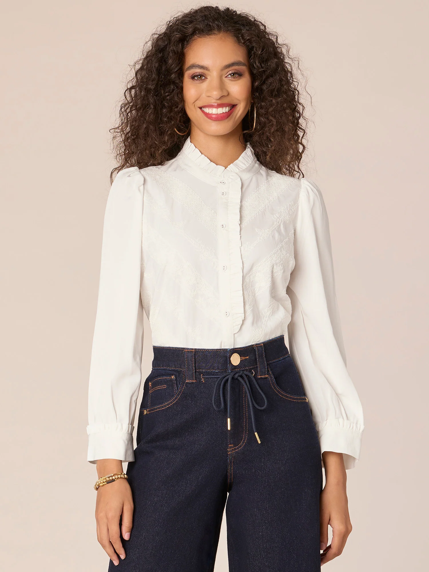 Three Quarter Puff Sleeve Stand Collar Cascading Ruffle Woven Top - Legahigh