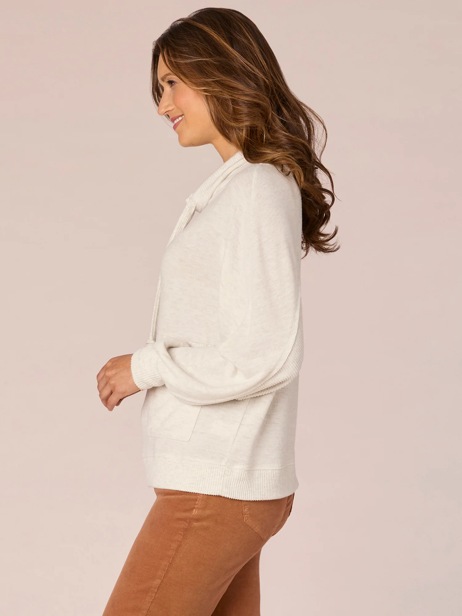 Long Sleeve Double Pocket Petite Knit Top with Funnel Neck Ties - Legahigh