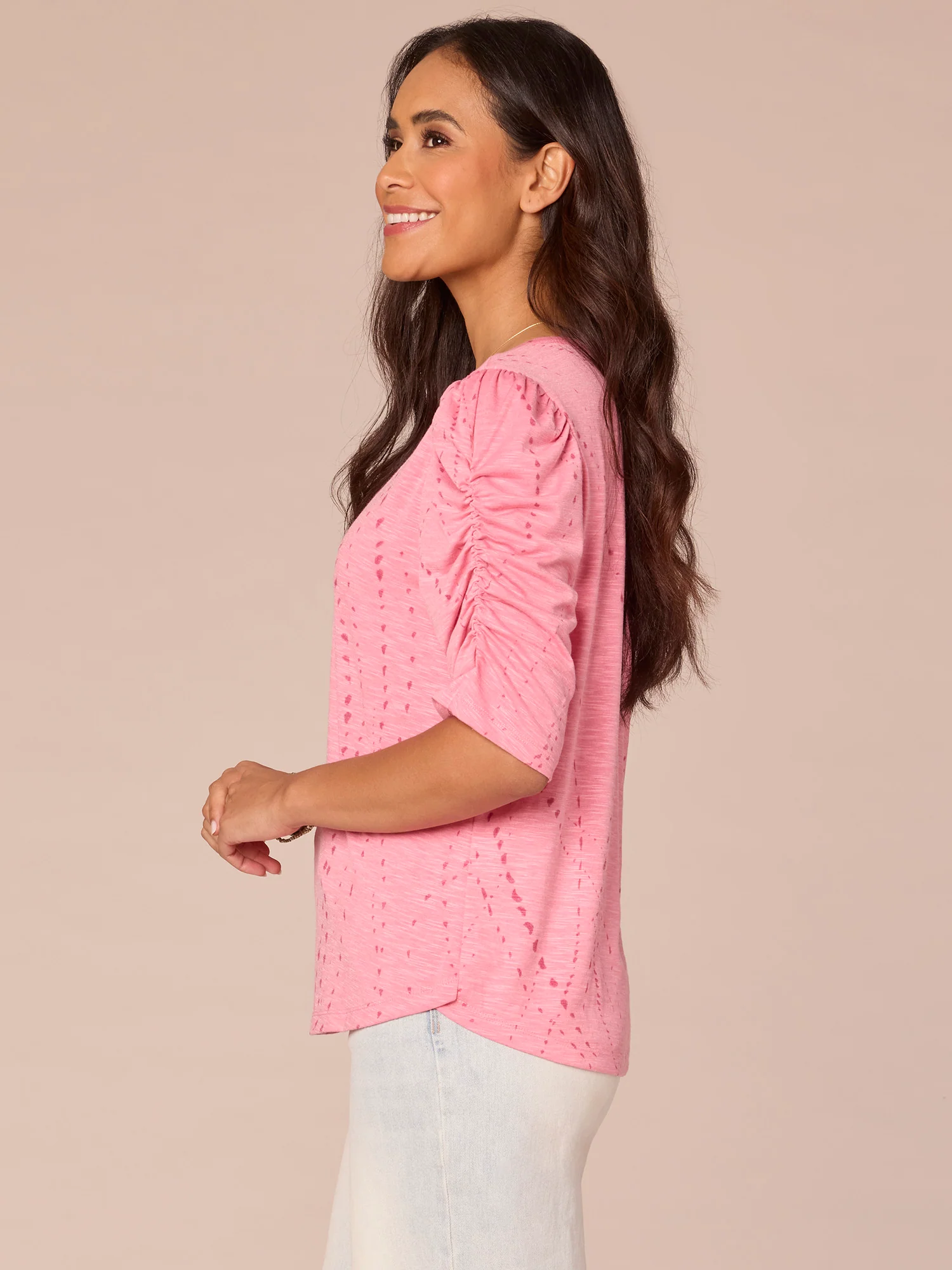 Ruched Elbow Sleeve Scoop Neck Dot Print Knit Top - Legahigh