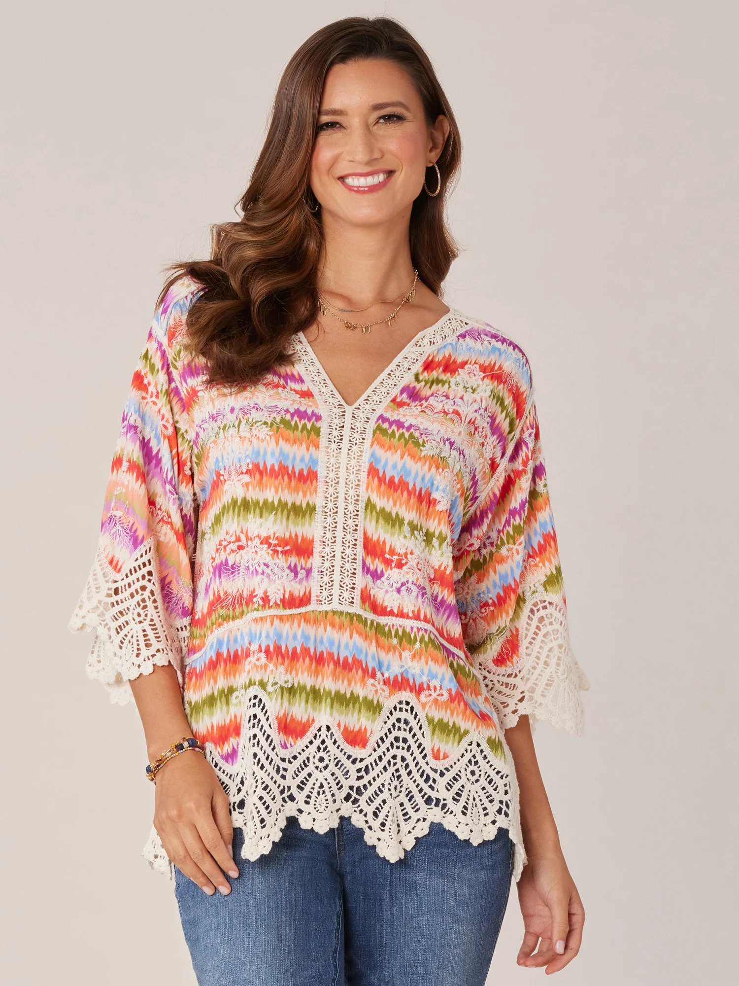 Three Quarter Sleeve V-Notch Neck Peplum Crochet Printed Woven Top - Legahigh