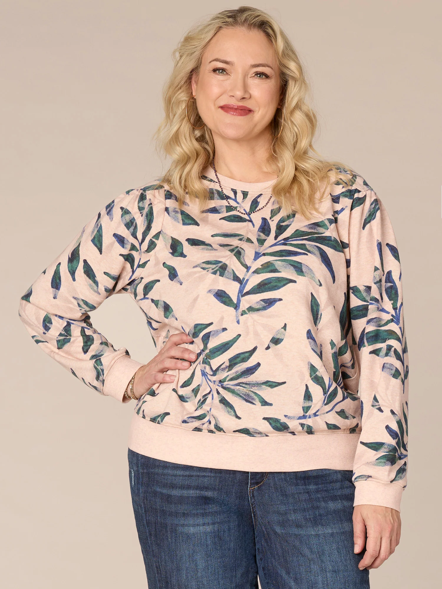 Long Banded Sleeve Scoop Neck Leaf Print Plus Size Knit Sweatshirt - Legahigh