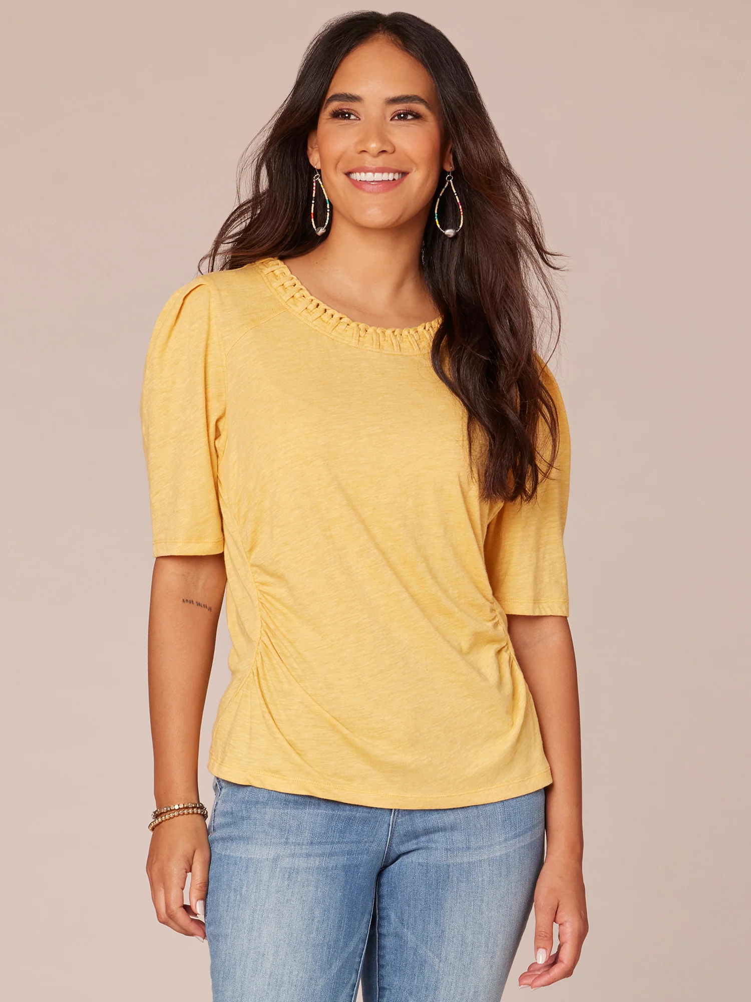 Pleated Elbow Sleeve Scoop Neck Knit Top with Soutache Detail - Legahigh