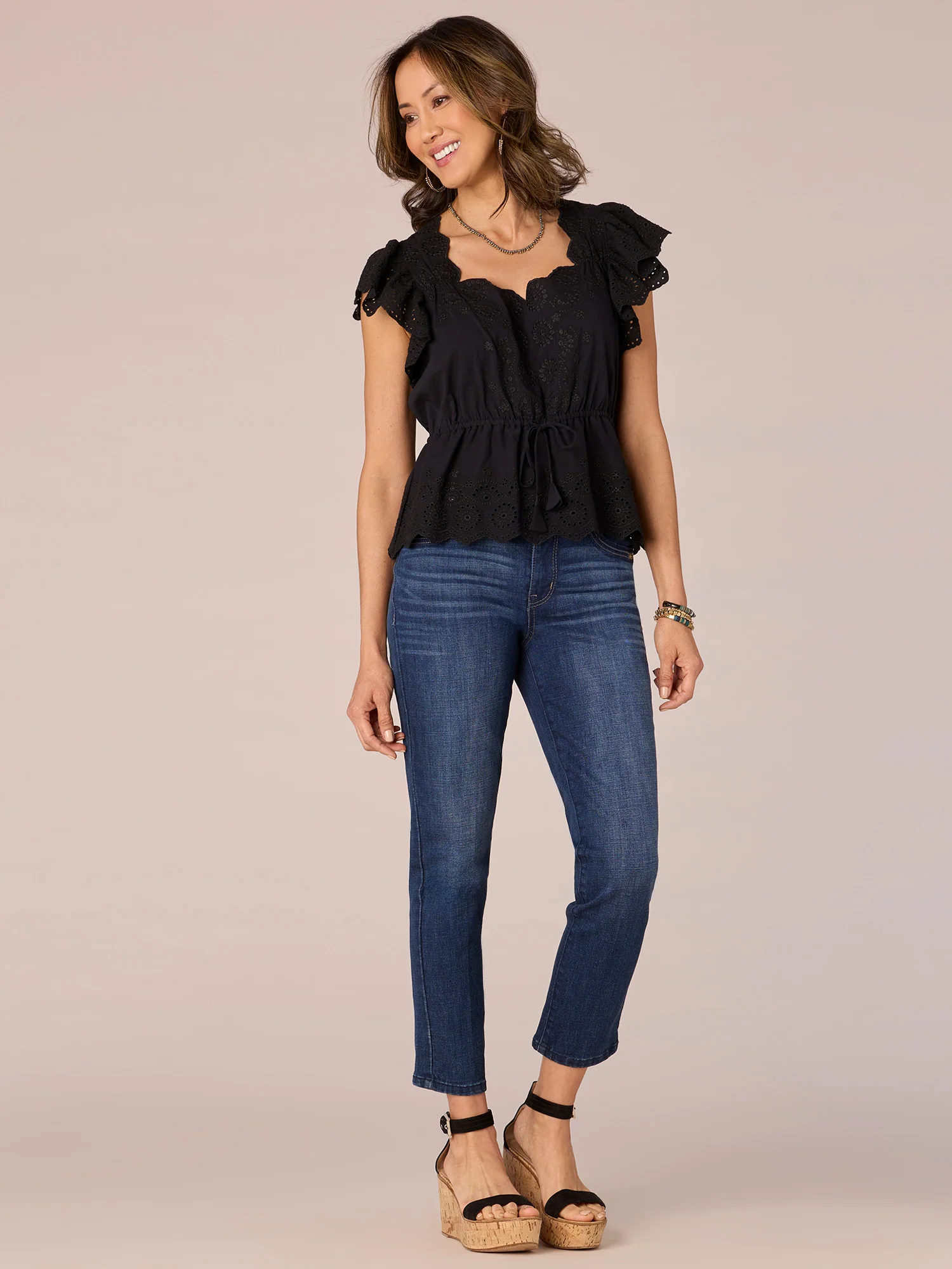 Short Flounce Sleeve V-Neck Embroidered Peplum Woven Top - Legahigh