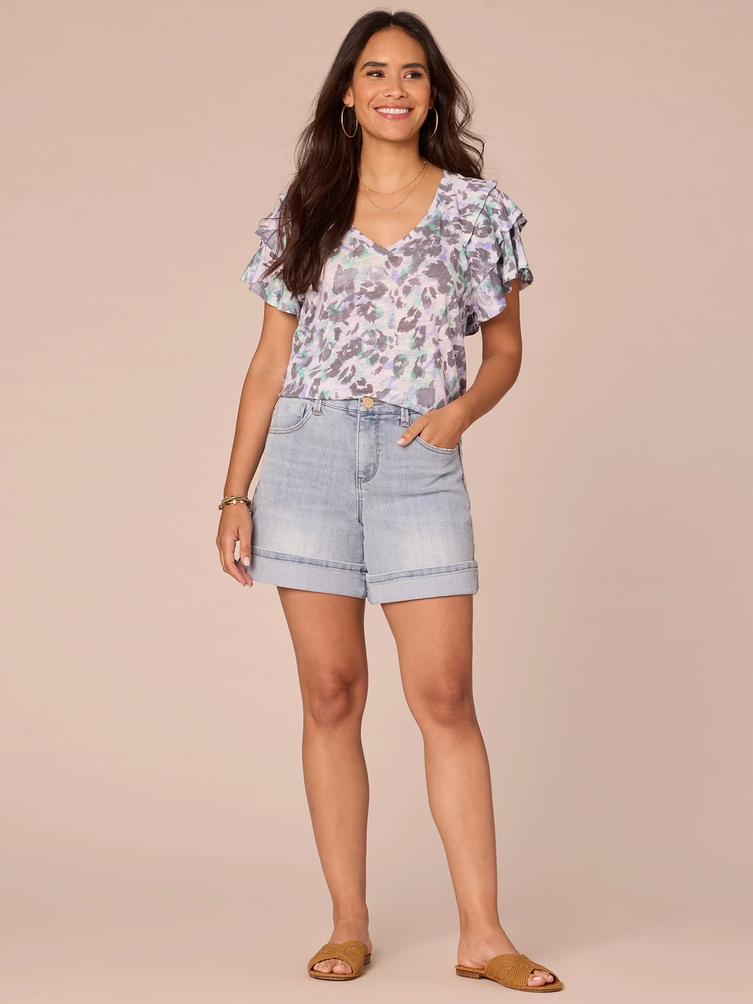 Short Three Tiered Bell Sleeve V-Neck Printed Knit Top - Legahigh