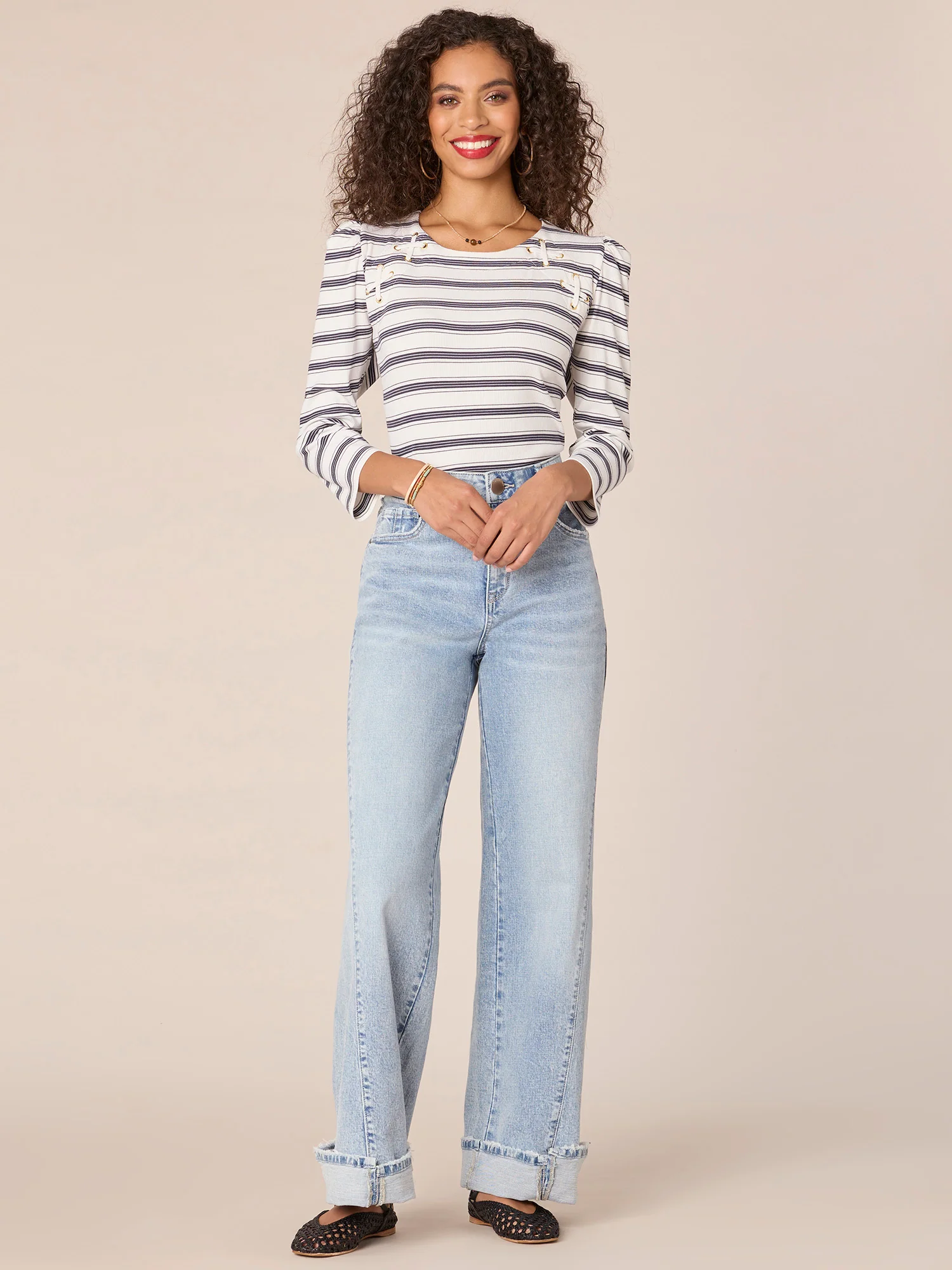 Three Quarter Sleeve Scoop Neck Lace Up Yoke Stripe Print Knit Top - Legahigh