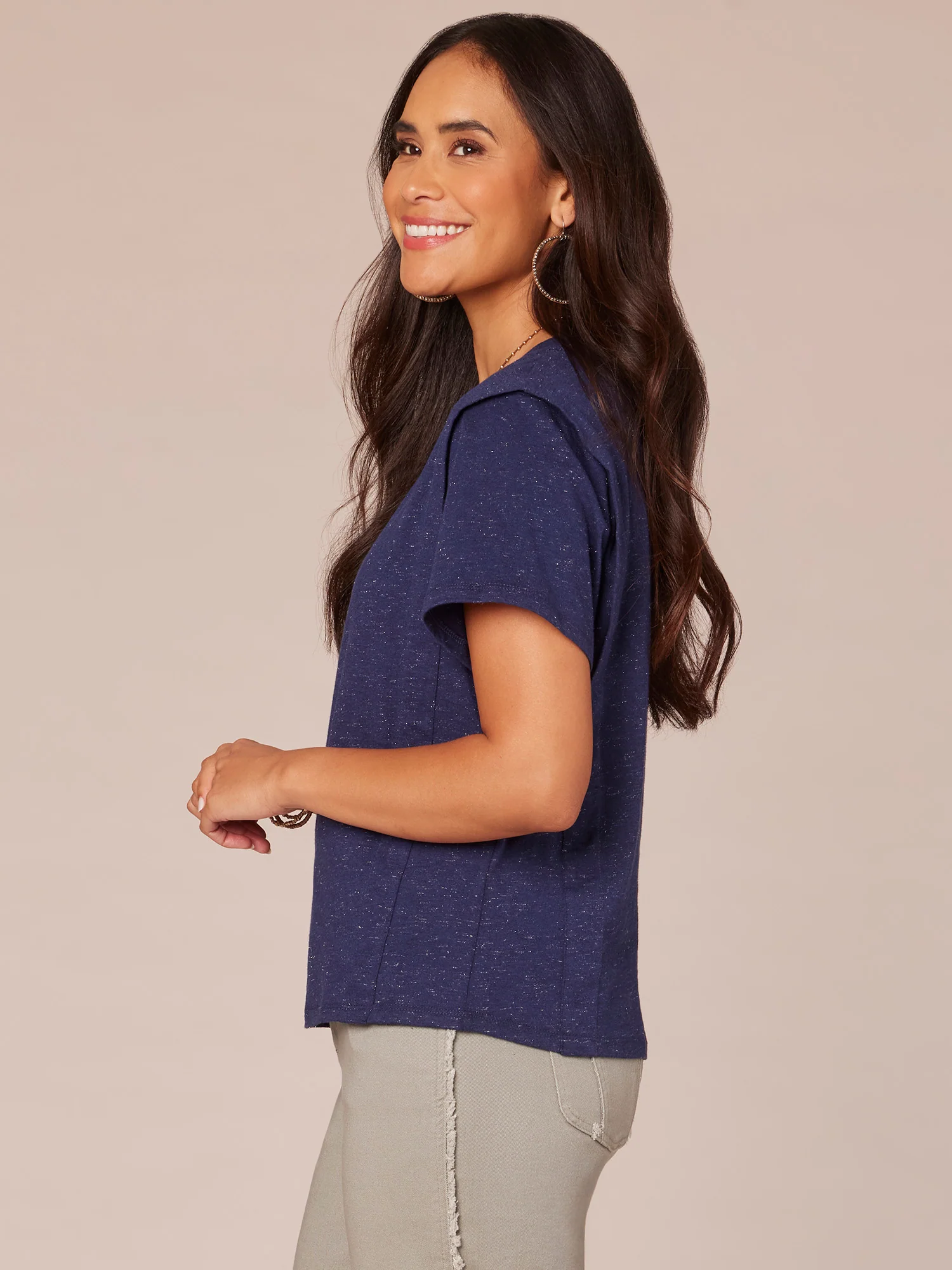 Short Flange Shoulder Sleeve Scoop Neck Shimmery Knit Top - Legahigh