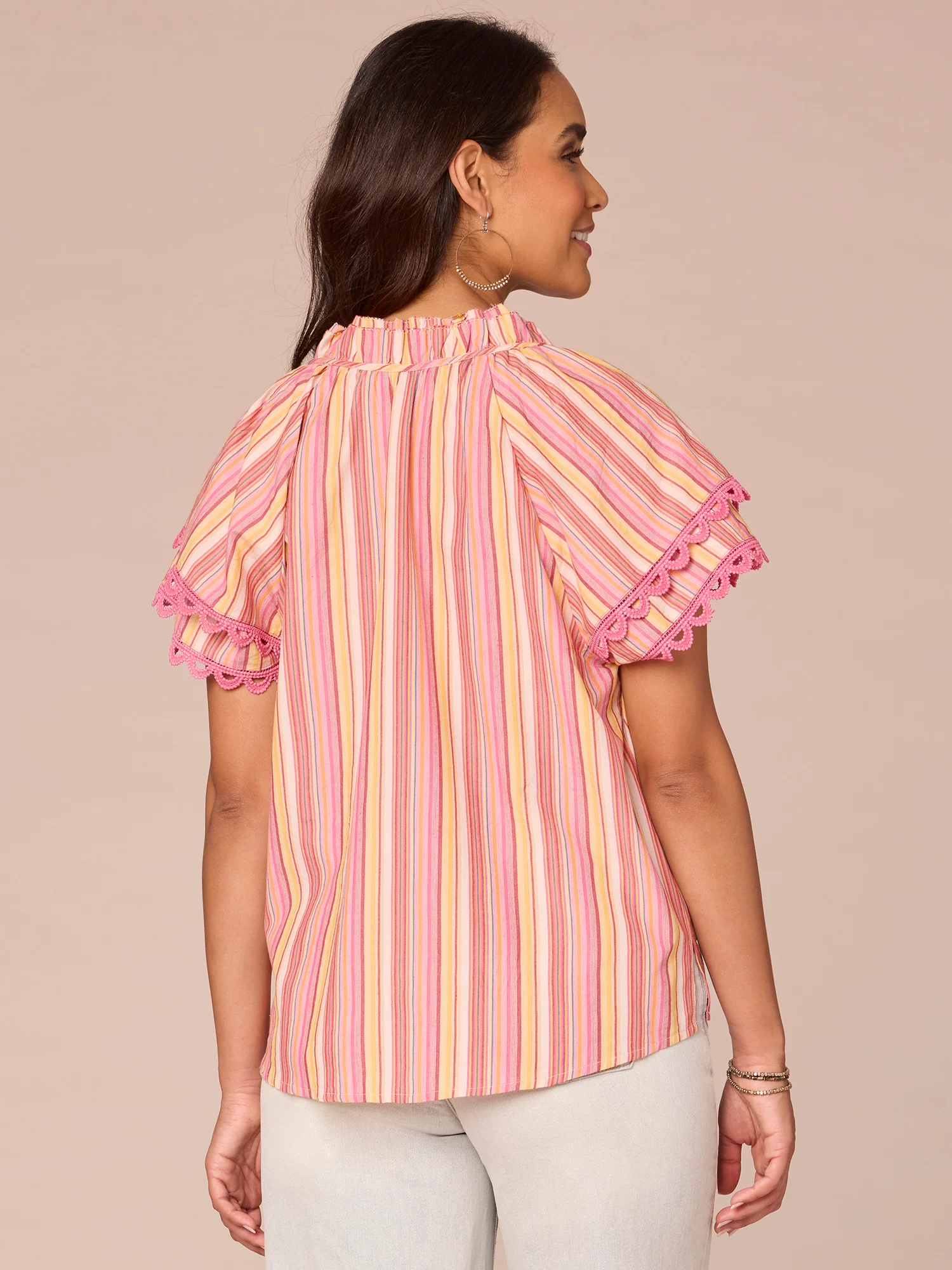 Short Double Flounce Sleeve Stand Collar V-Placket Stripe Woven Top - Legahigh