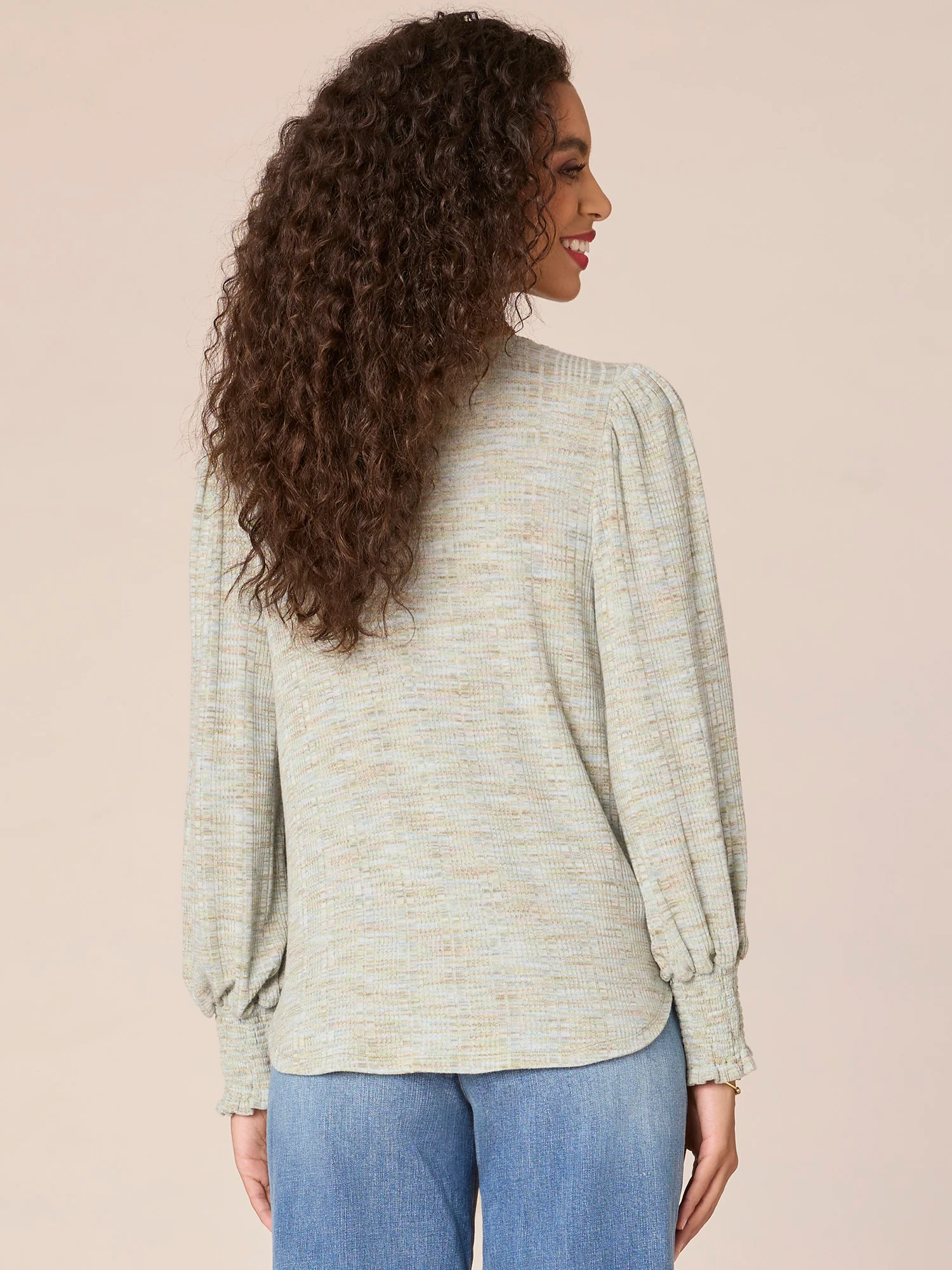 Long Smocked Blouson Sleeve V-Neck Twist Hem Knit Top - Legahigh