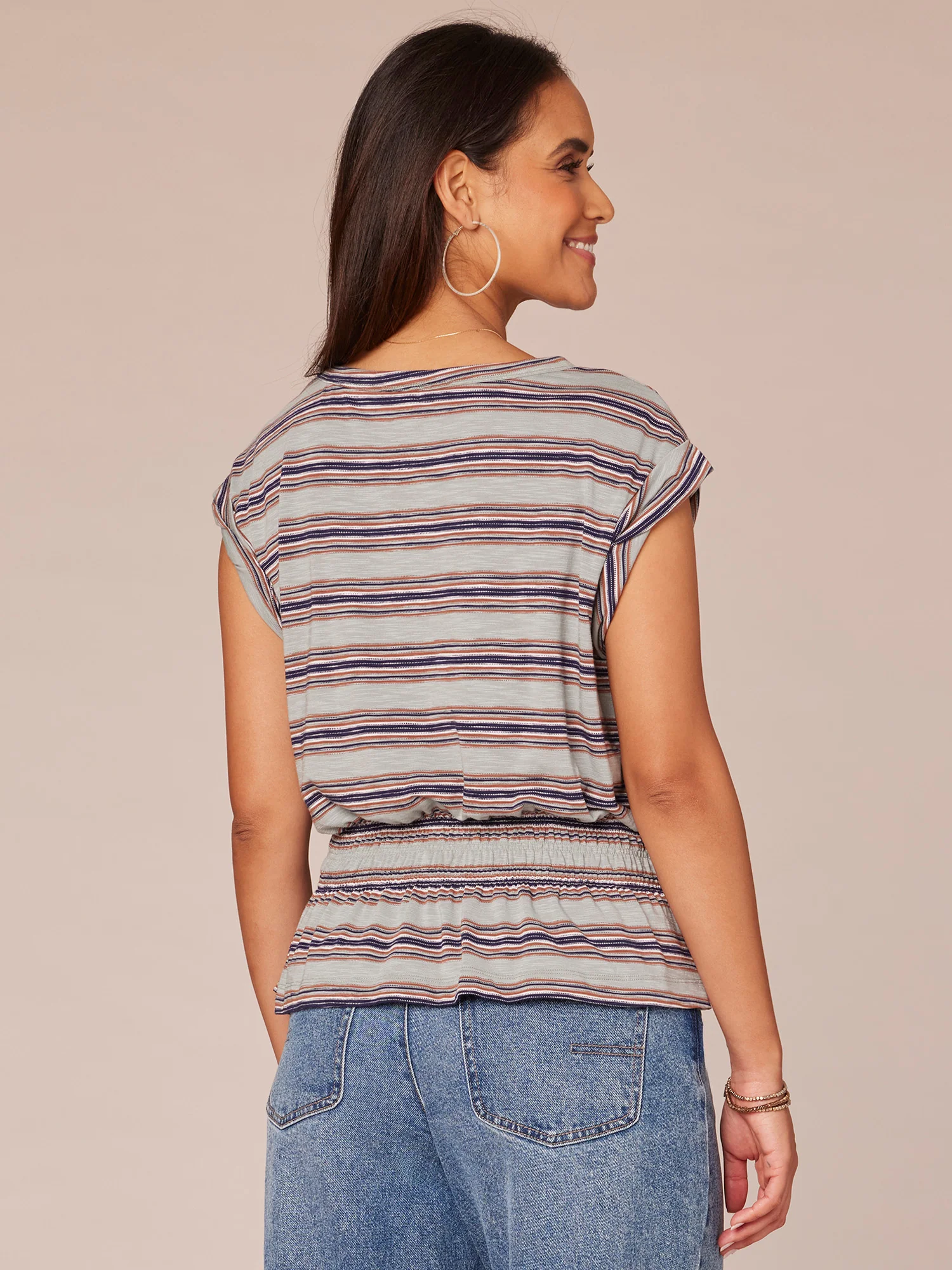 Roll Cuff Cap Sleeve Scoop Neck Stripe Print Peplum Hem Knit Top - Legahigh