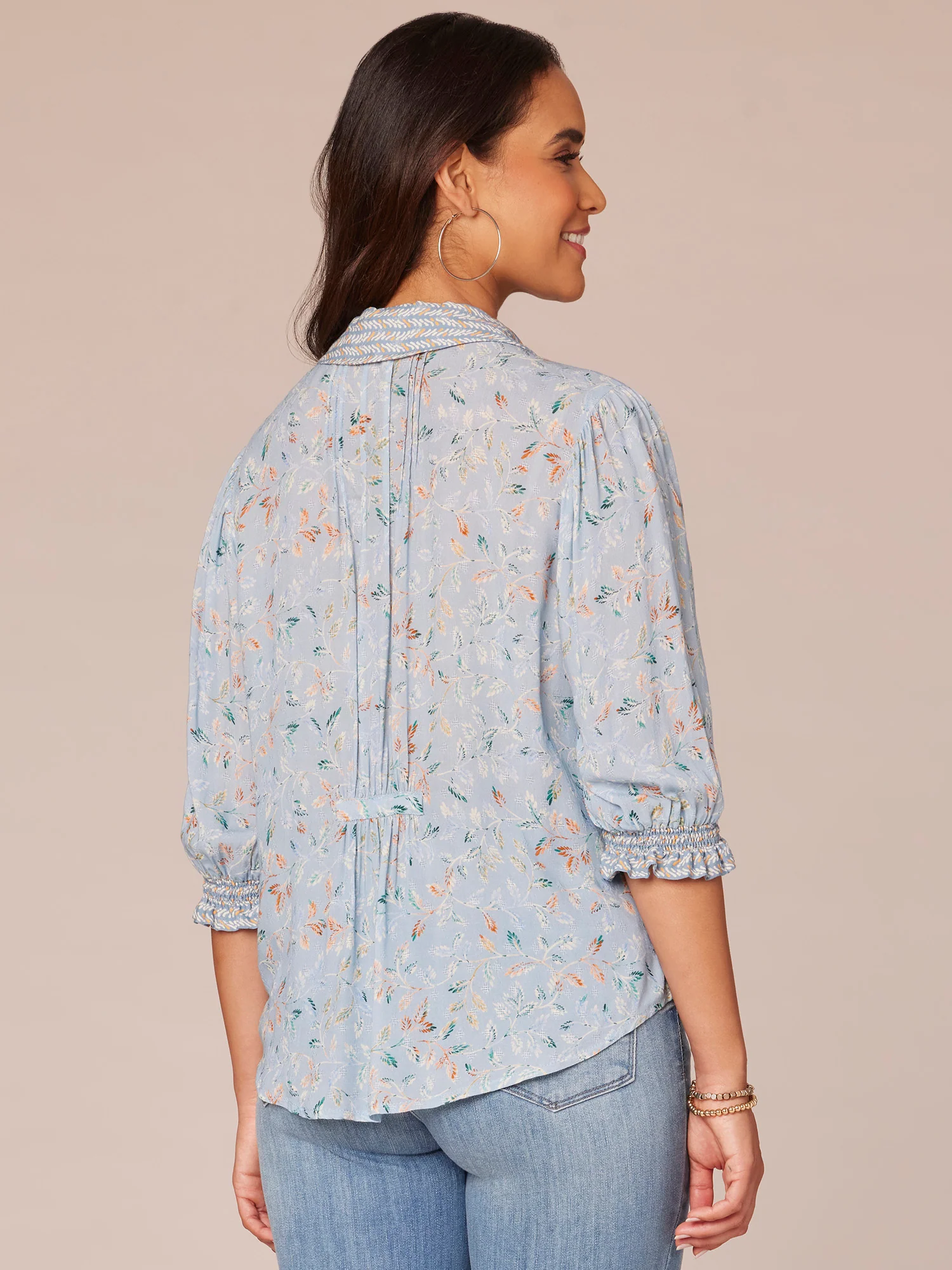 Cinched Sleeve Pintuck Picot Button Front Printed Petite Woven Shirt - Legahigh