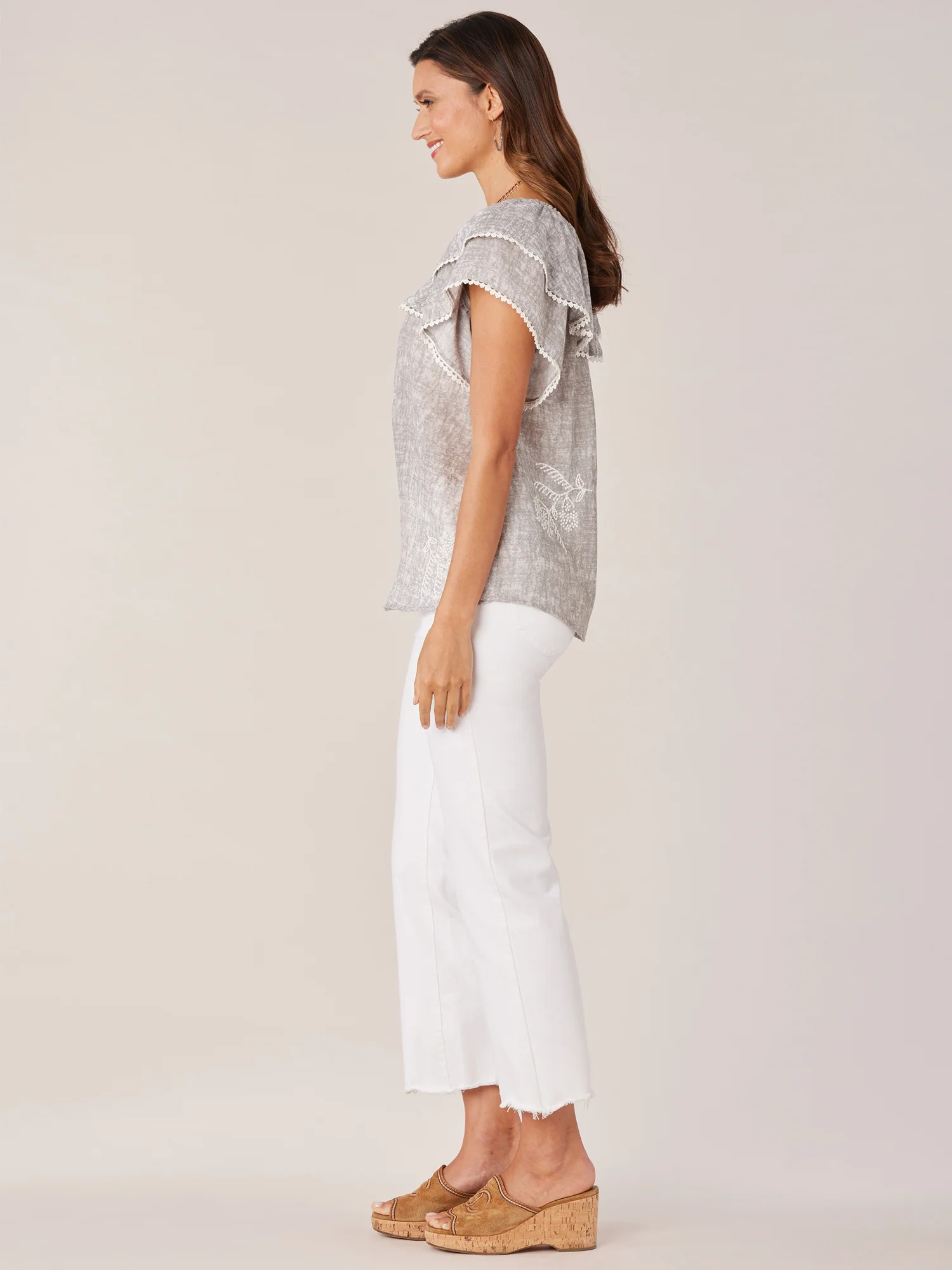 Double Layer Short Flounce Sleeve Round Neck Embroidered Woven Top - Legahigh