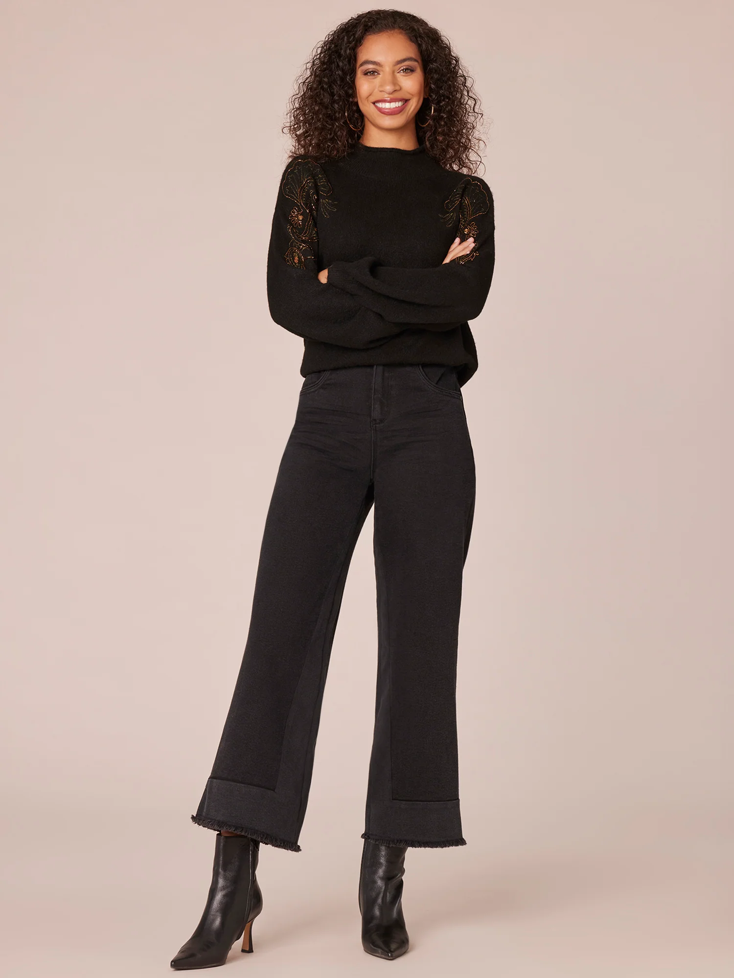 Long Blouson Sleeve Mock Neck Rhinestone Embroidered Sweater - Legahigh