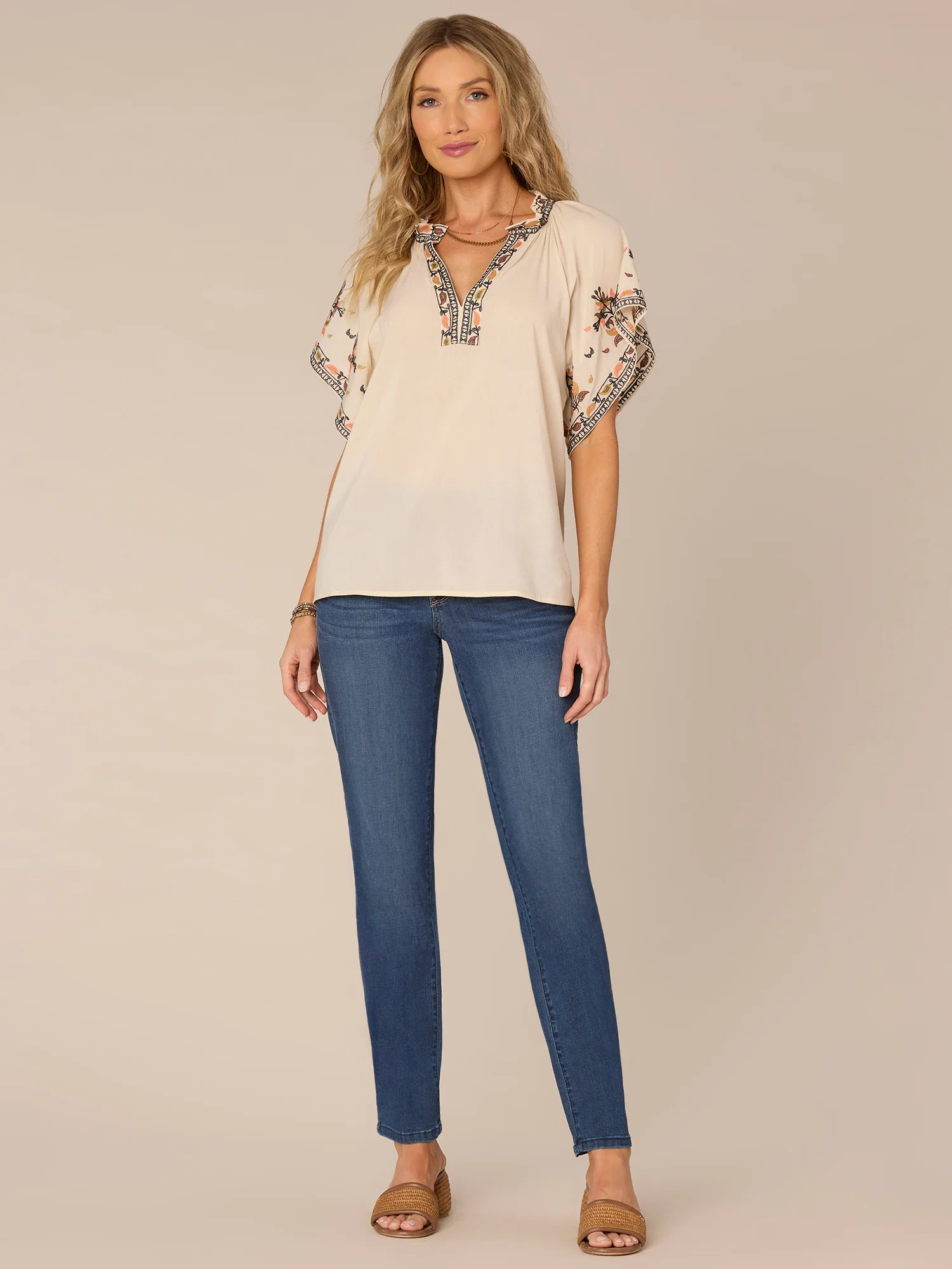 Batwing Sleeve Ruffle Split Neck Woven Top with Embroidered Framing - Legahigh