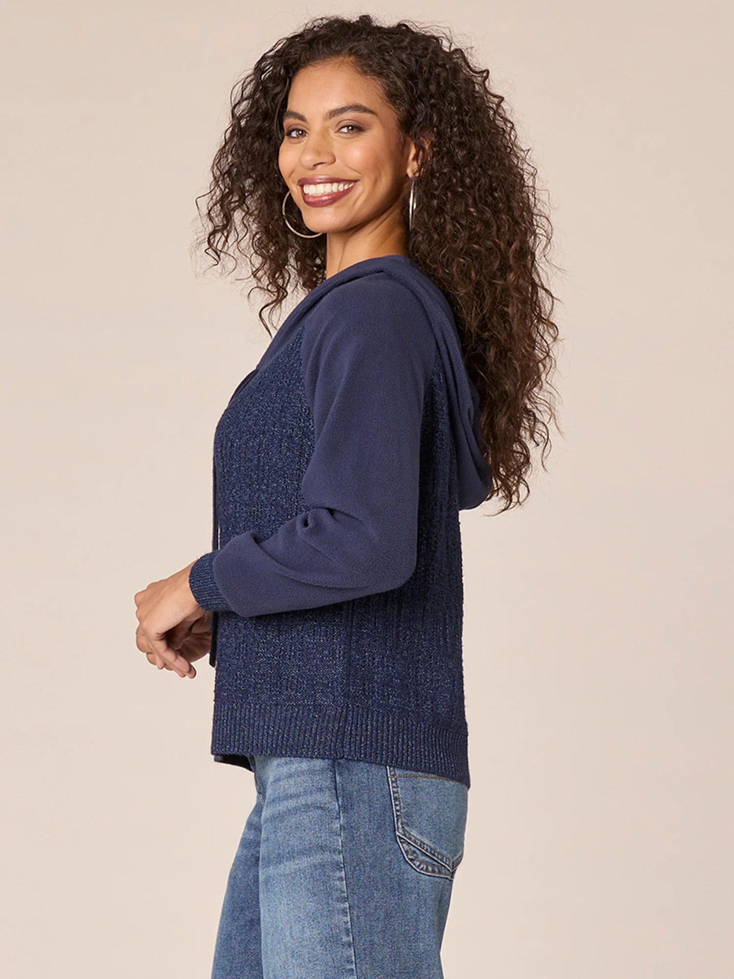 Long Sleeve V-Neck Mixed Media Metallic Sweater Hoodie with Tie - Legahigh