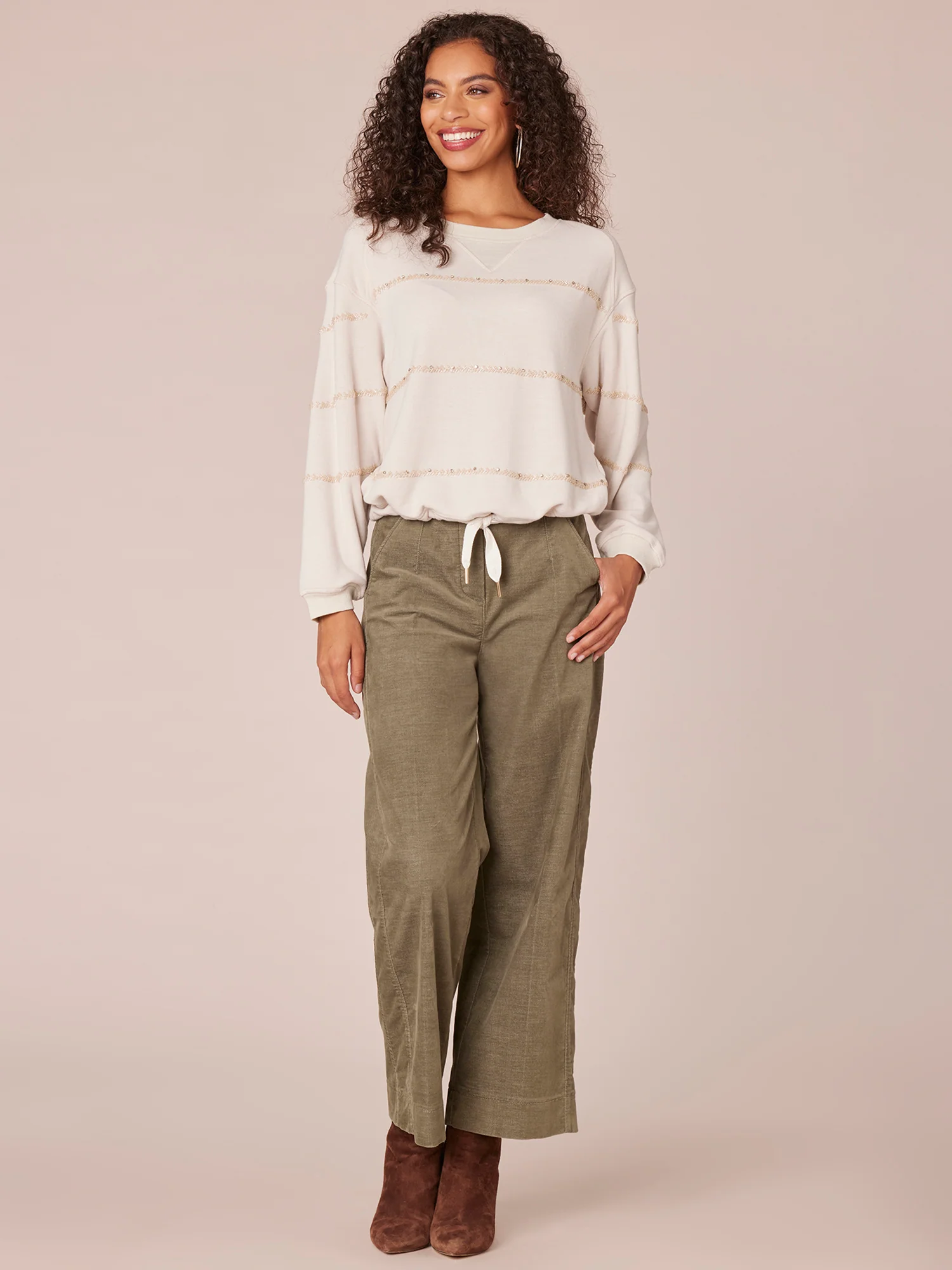 Long Sleeve Scoop Neck Beaded Stripe Cased Hem Knit Sweatshirt - Legahigh