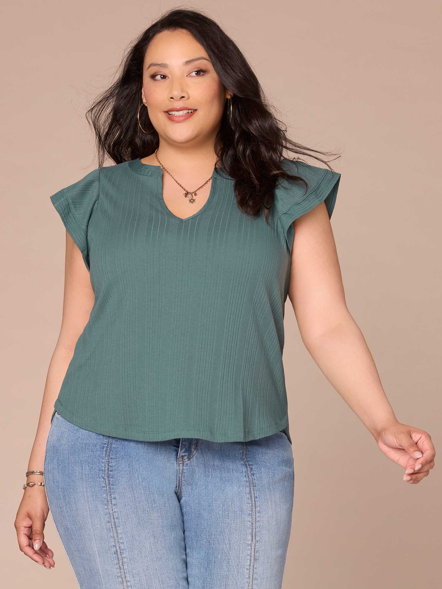 Flutter Cap Sleeve Round Split Neck Mixed Media Plus Size Knit Top - Legahigh