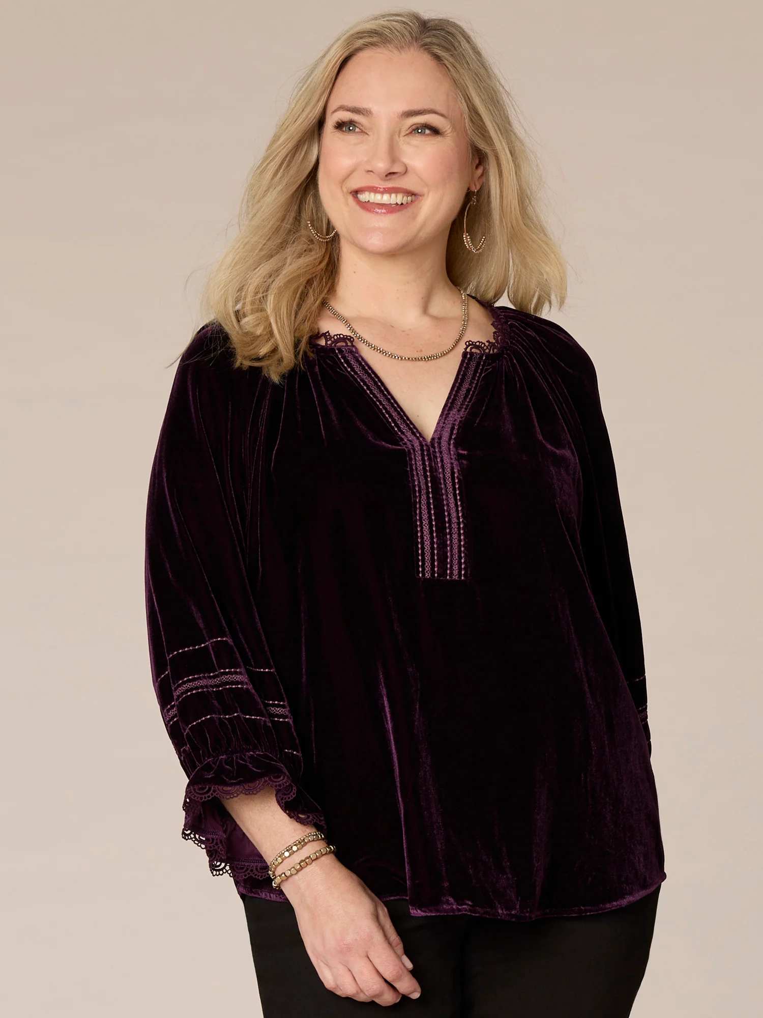 Blouson Sleeve Ruffle Edge V-Neck Embroidered Plus Size Woven Top - Legahigh