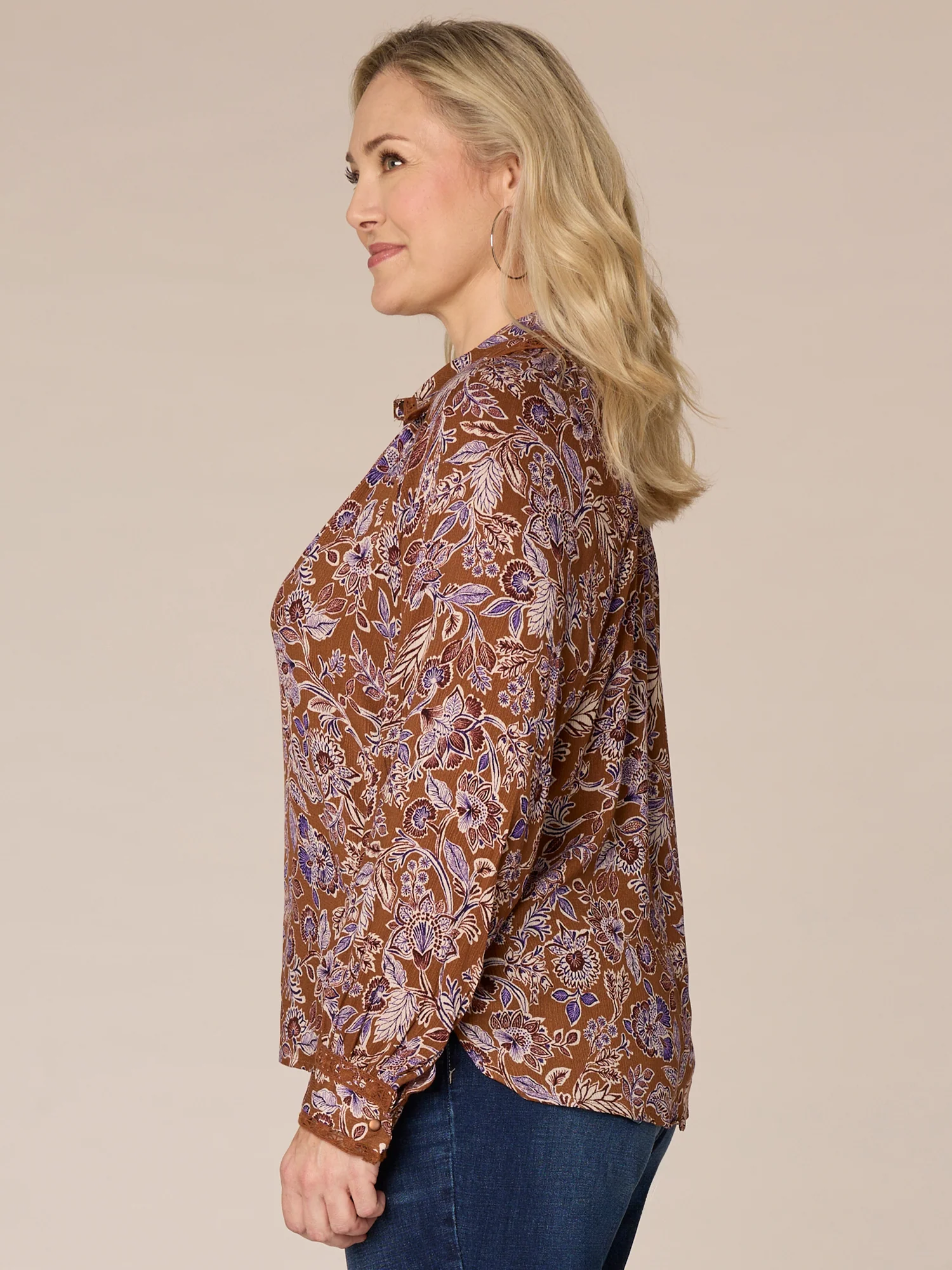 Long Sleeve Collared Crochet Placket Printed Plus Size Woven Shirt - Legahigh