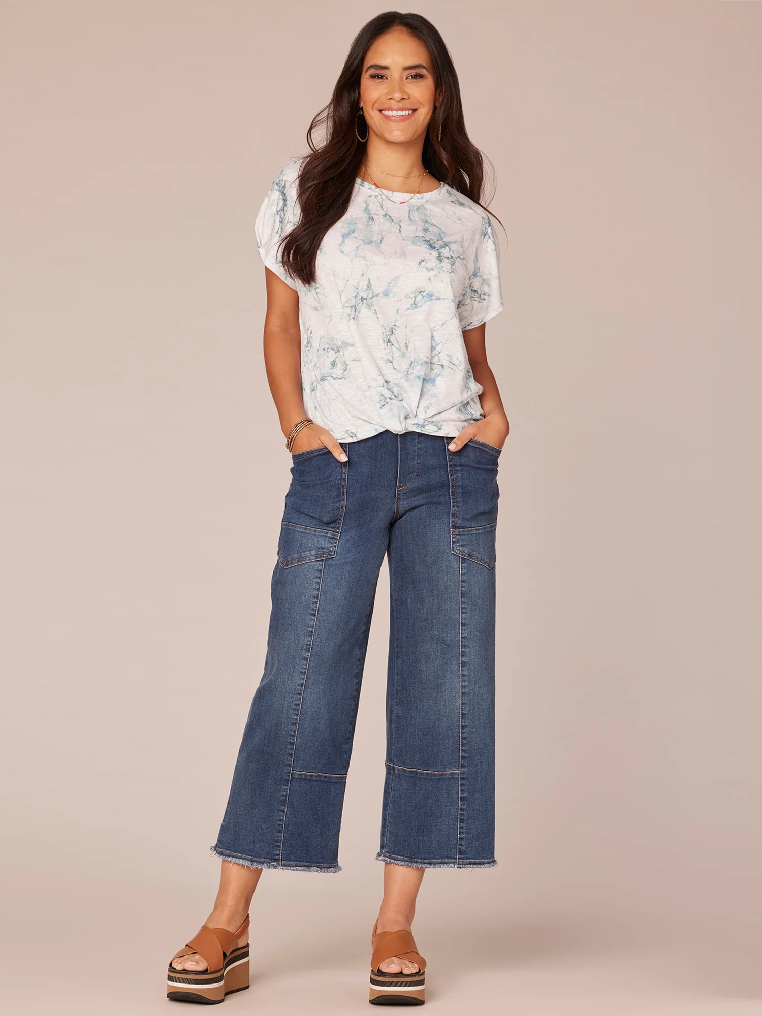 Short Pleated Sleeve Scoop Neck Marble Print Knit Top with Twist Hem - Legahigh