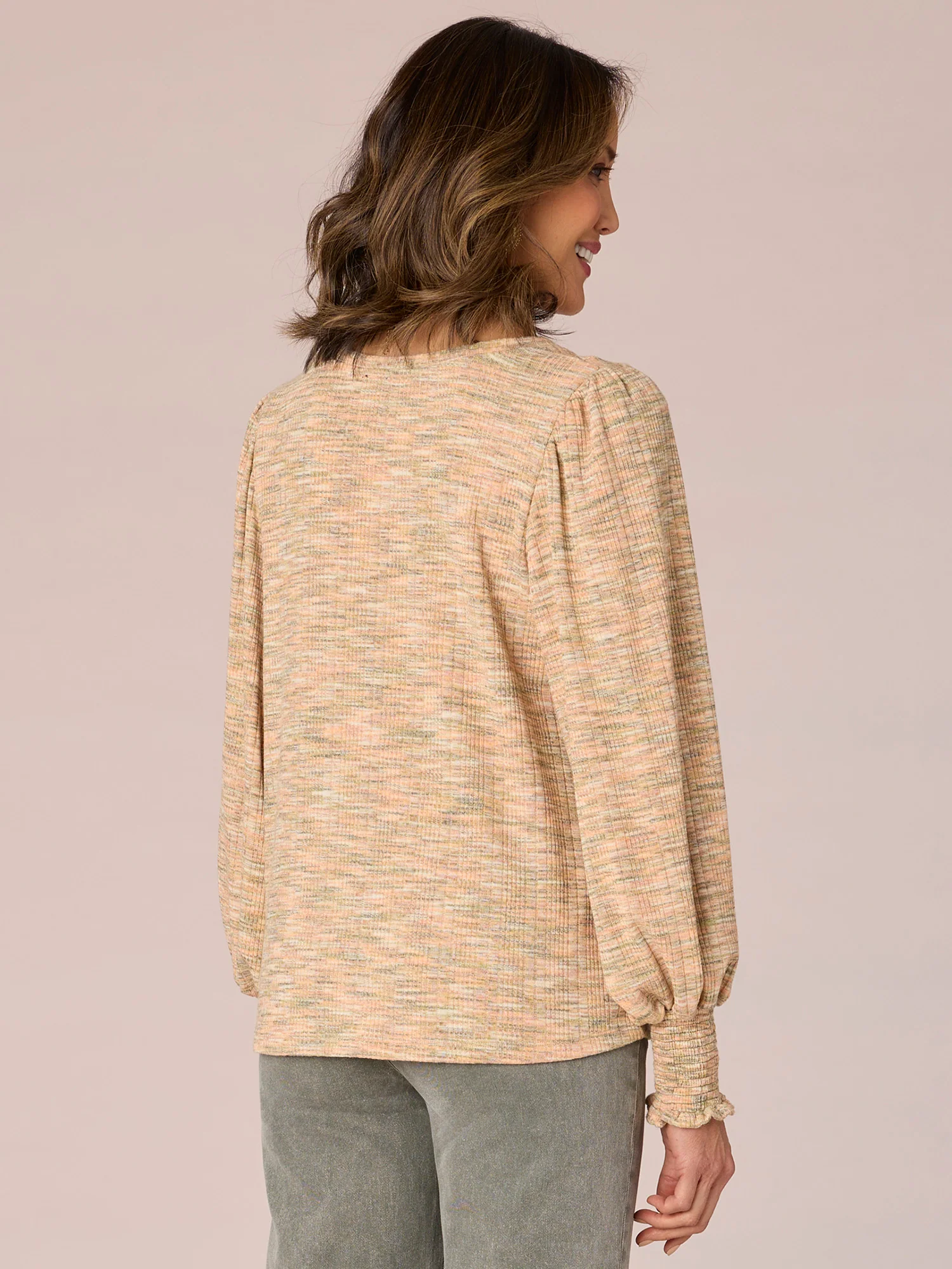 Smocked Blouson Sleeve V-Neck Twist Hem Space Dye Petite Knit Top - Legahigh