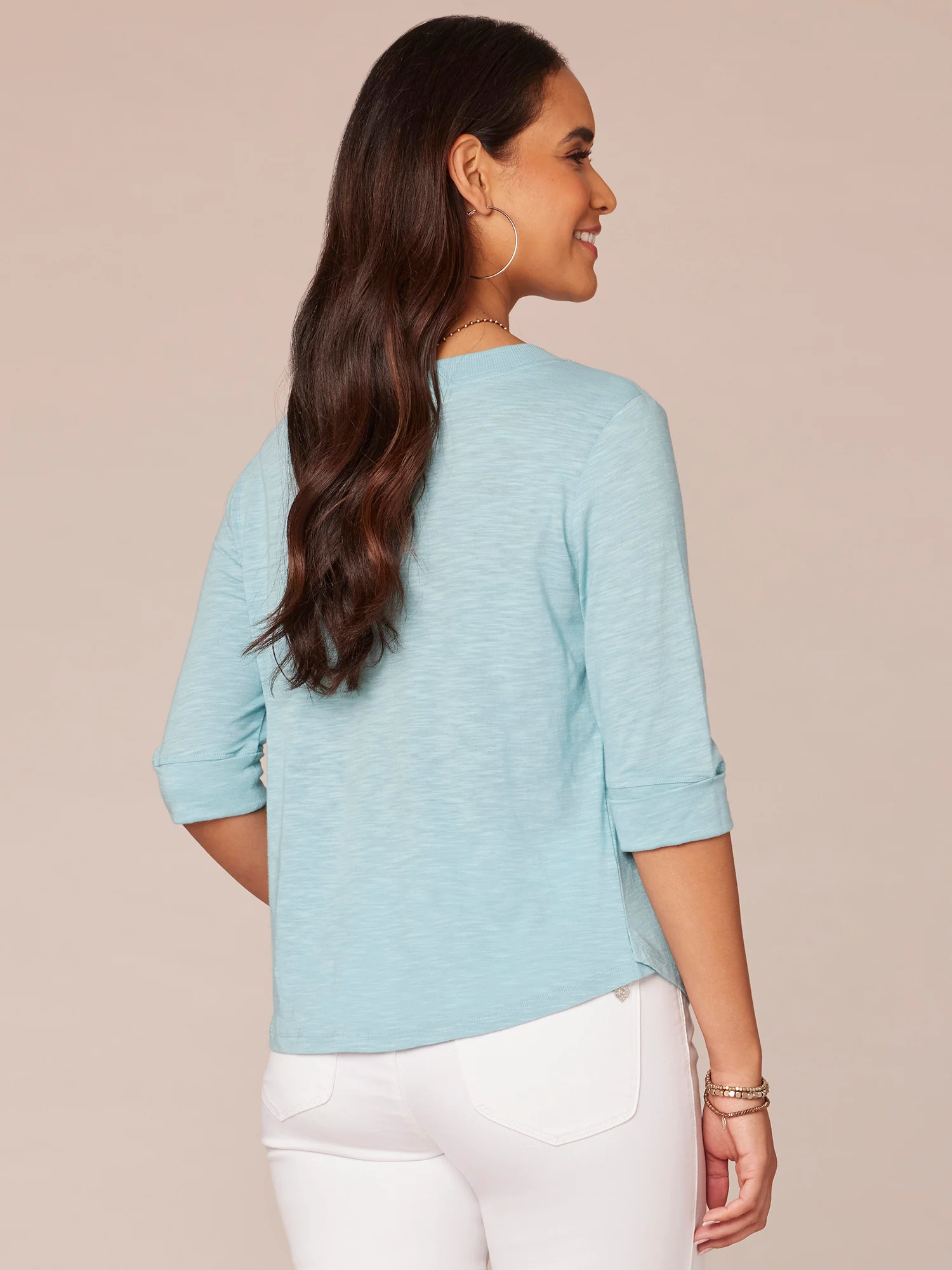 Elbow Roll Cuff Sleeve Round Split Neck Surplus Hem Petite Knit Top - Legahigh