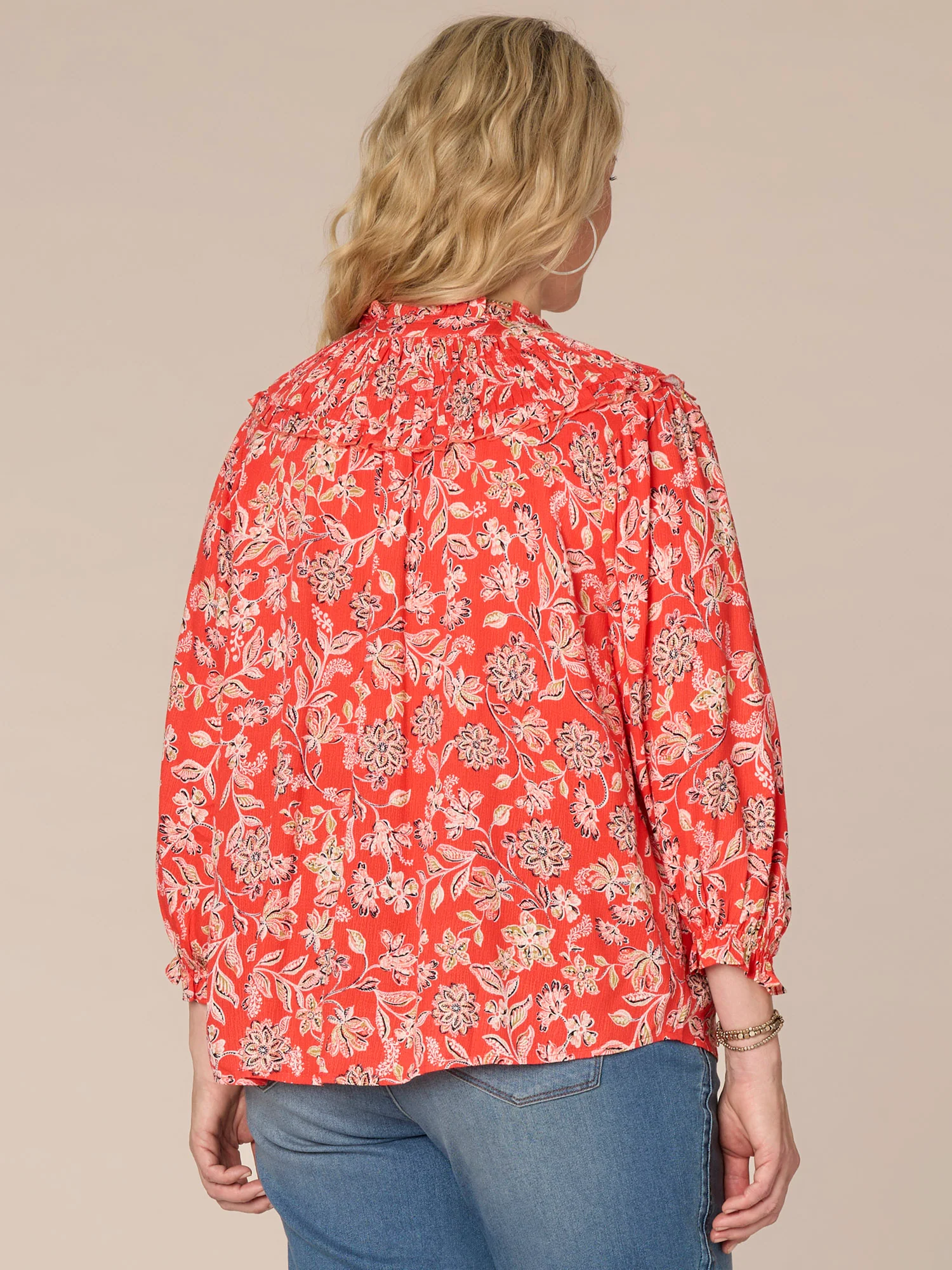 Blouson Sleeve V-Neck Crochet Button Down Printed Plus Size Woven Top - Legahigh