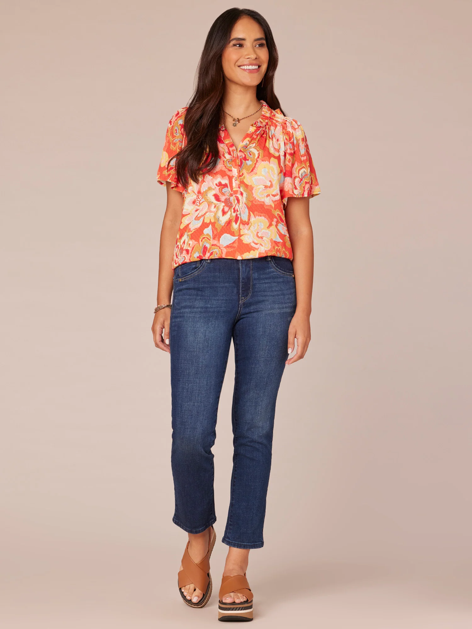 Short Bell Sleeve Ruffle Edge V-Neck Floral Print Woven Top - Legahigh