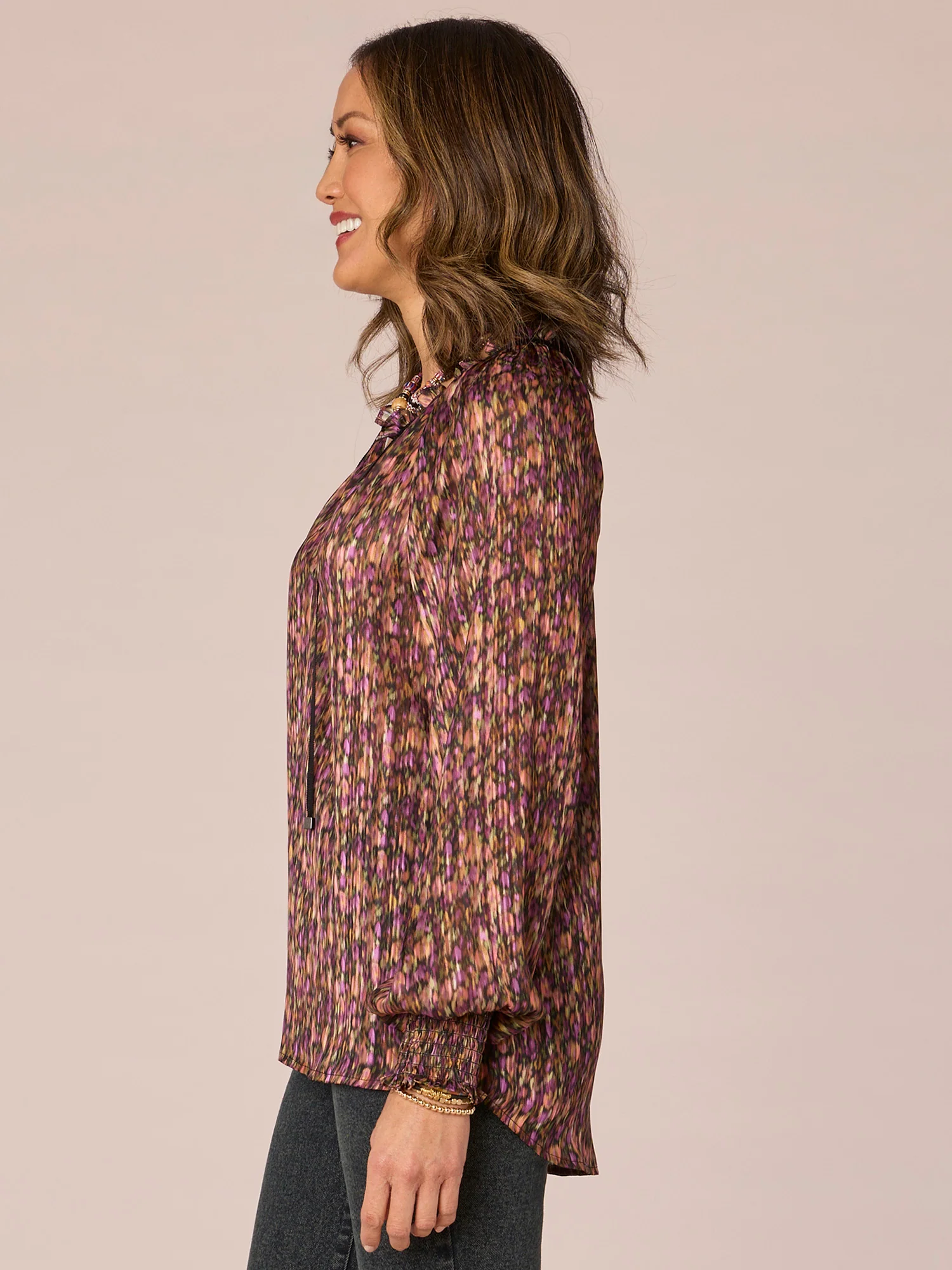 Long Ruffle Edge Sleeve Split V-Neck Abstract Print Petite Woven Top - Legahigh