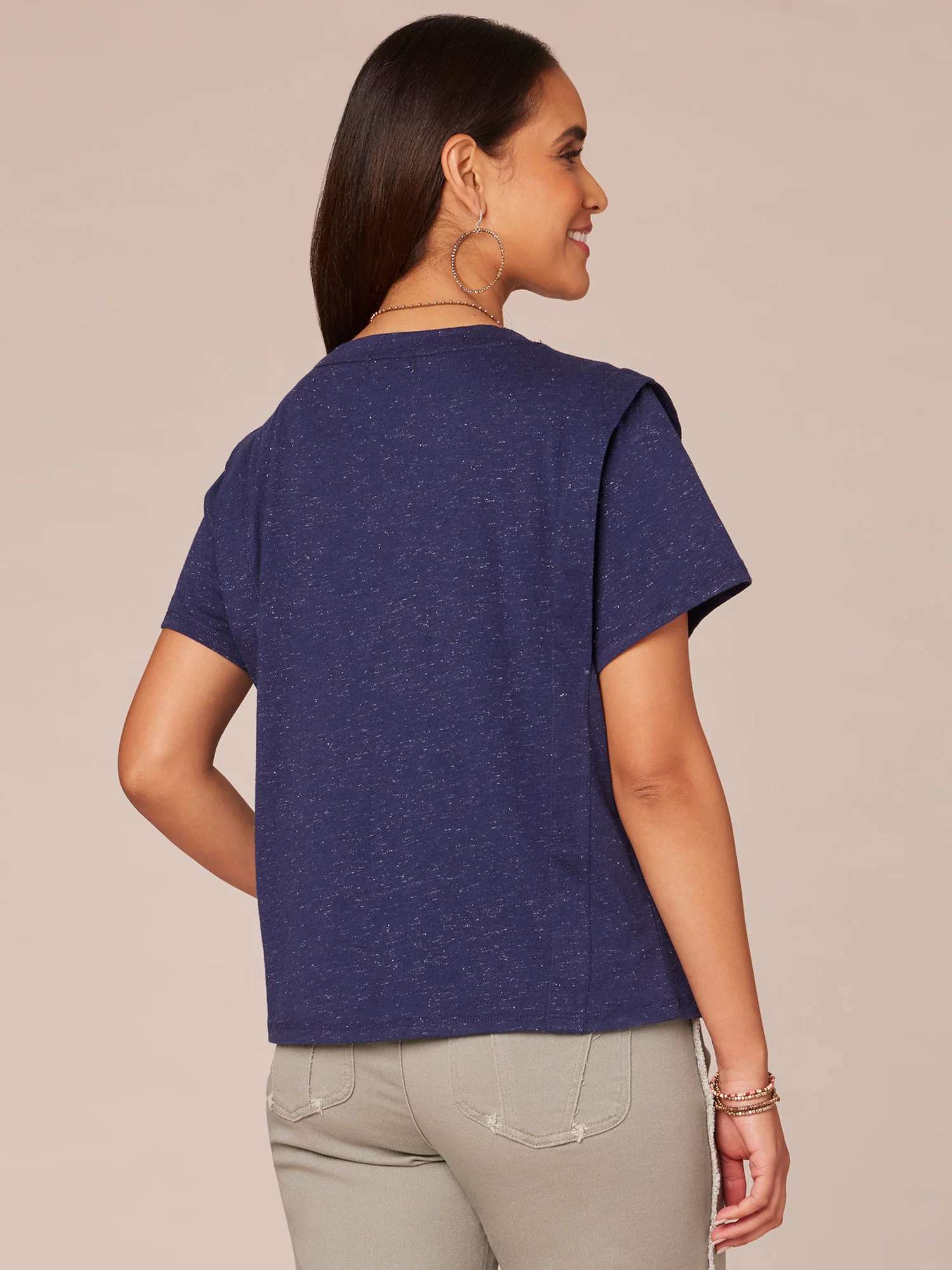 Short Flange Shoulder Sleeve Scoop Neck Shimmery Knit Top - Legahigh