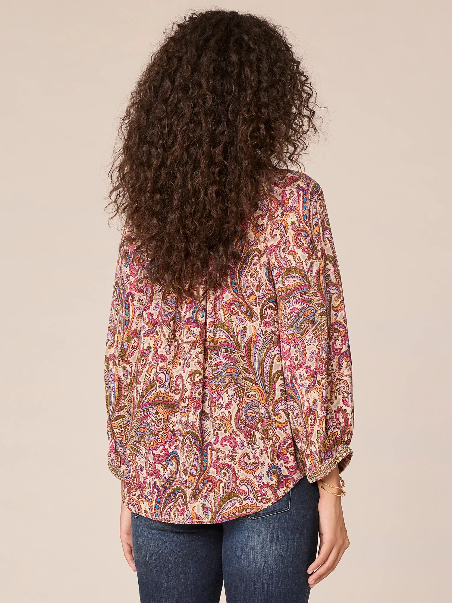 Three Quarter Blouson Sleeve Ruffle Split V-Neck Printed Woven Top - Legahigh
