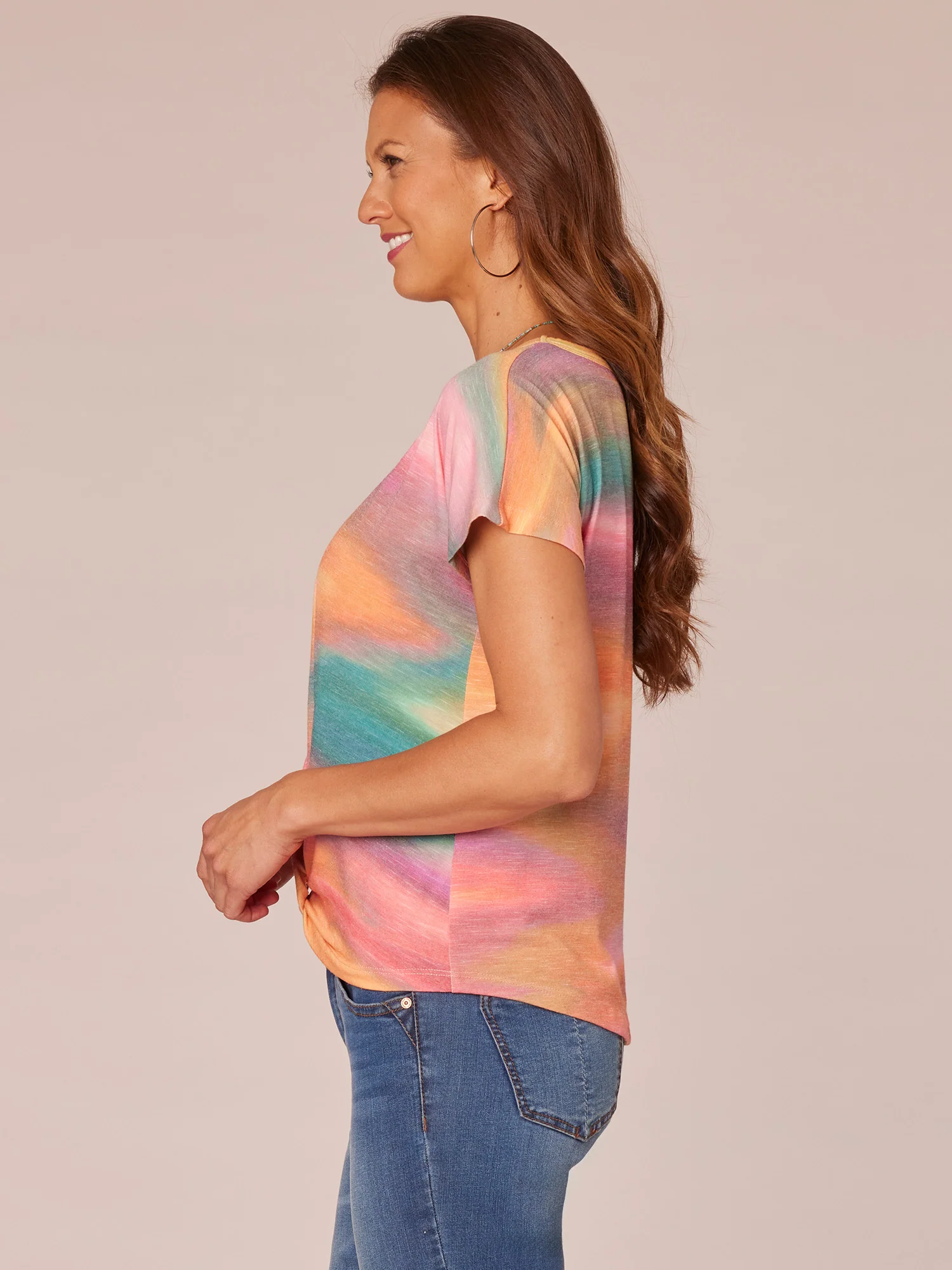 Extended Short Sleeve Scoop Neck Twist Front Printed Knit Top - Legahigh