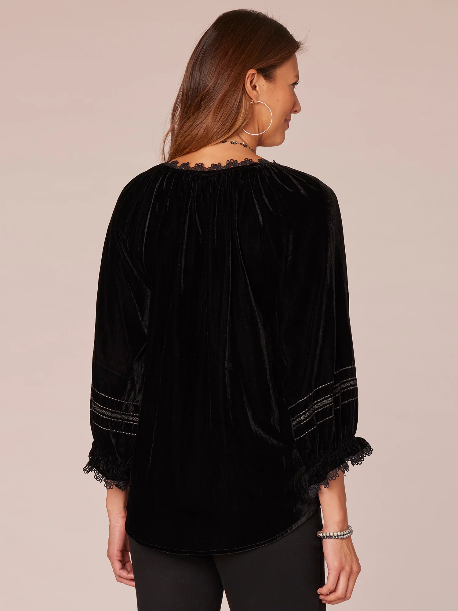 Three Quarter Blouson Sleeve Split V-Neck Embroidered Woven Top - Legahigh