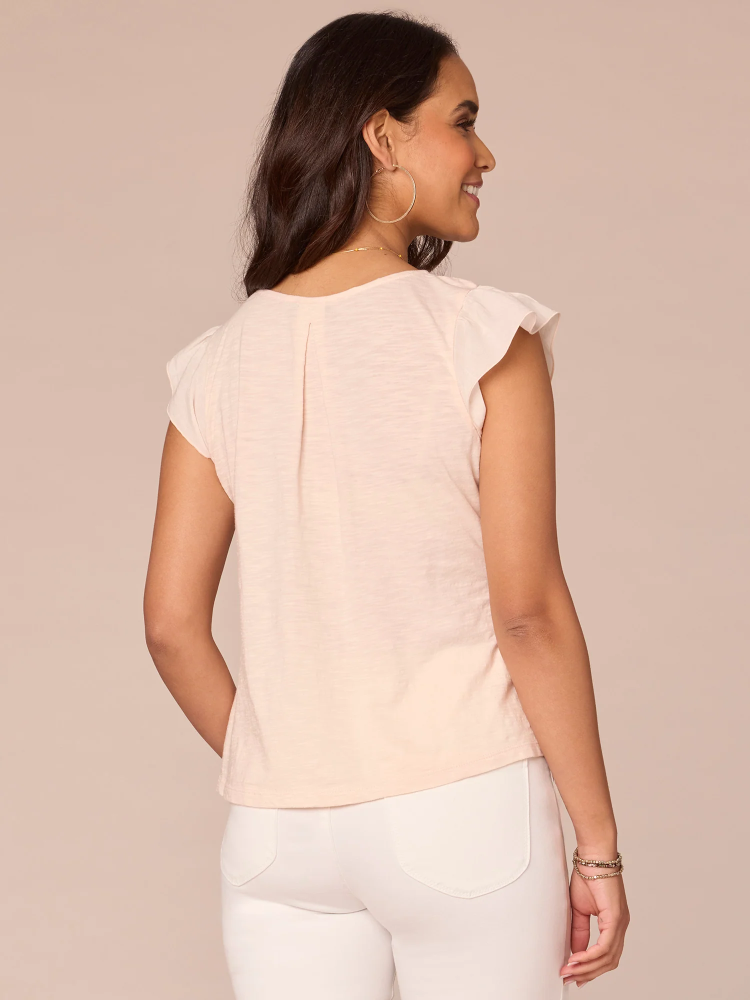 Flutter Sleeve V-Neck Embroidered Bodice Mixed Media Knit Top - Legahigh