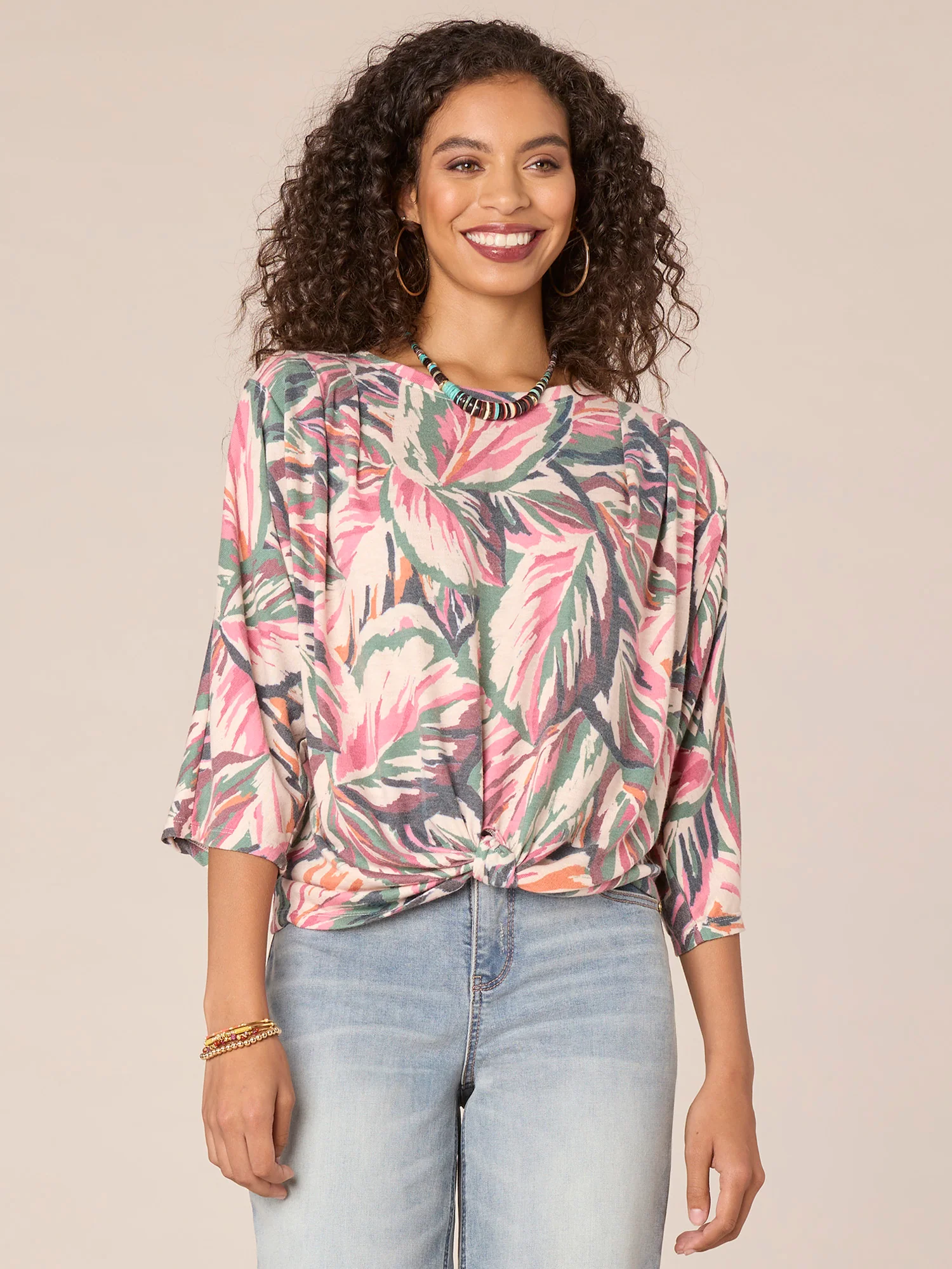 Three Quarter Sleeve Boatneck Front Knot Hem Printed Petite Knit Top - Legahigh