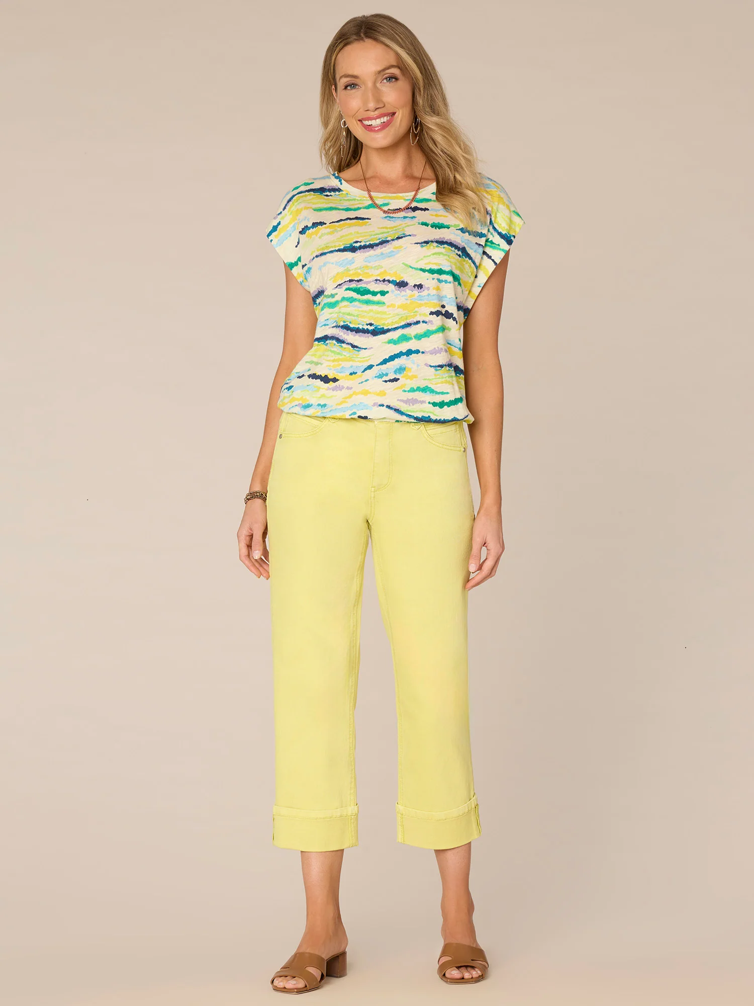 Origami Cap Sleeve Scoop Neck Abstract Print Cased Hem Knit Top - Legahigh