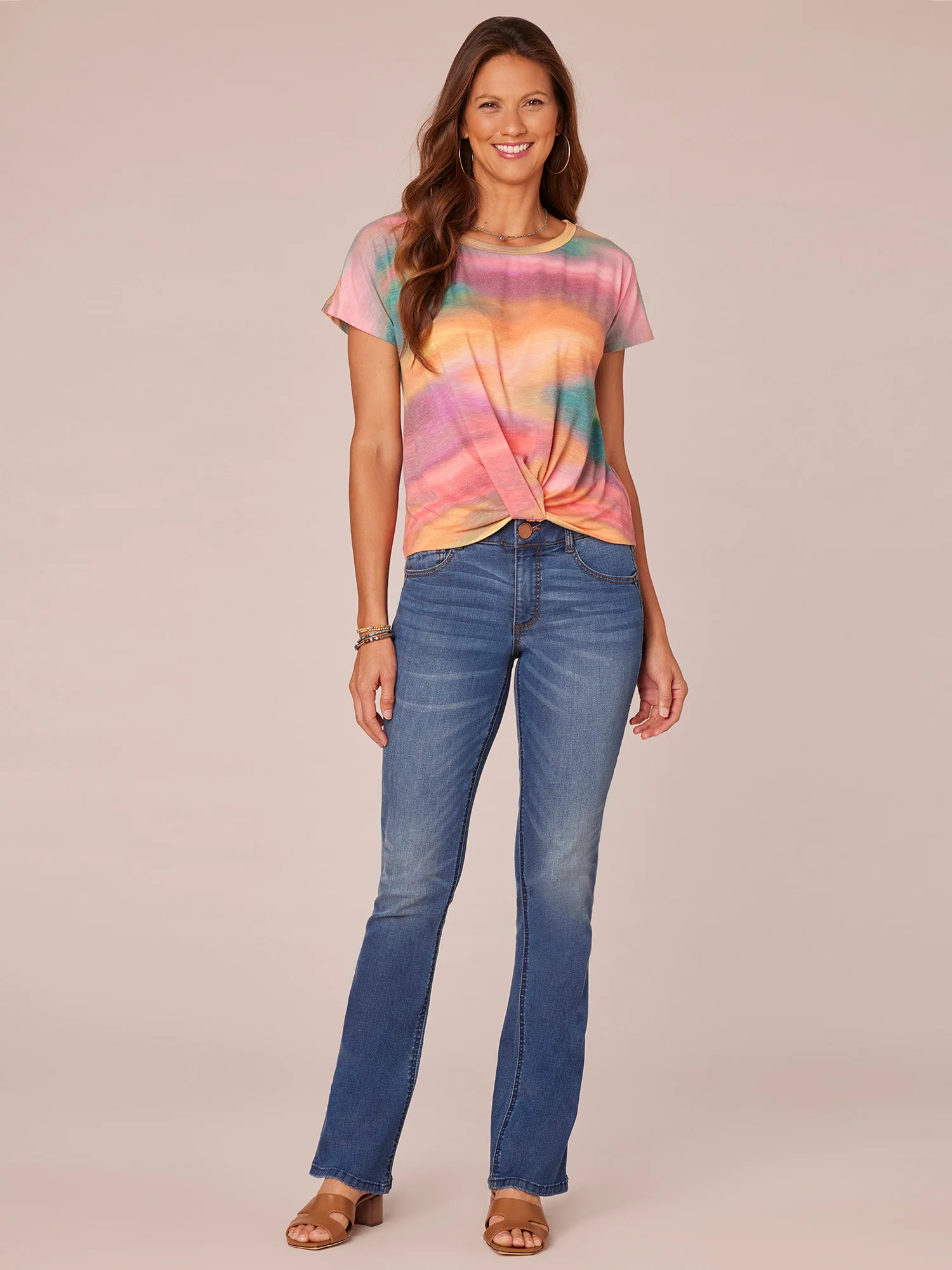 Extended Short Sleeve Scoop Neck Twist Front Printed Knit Top - Legahigh