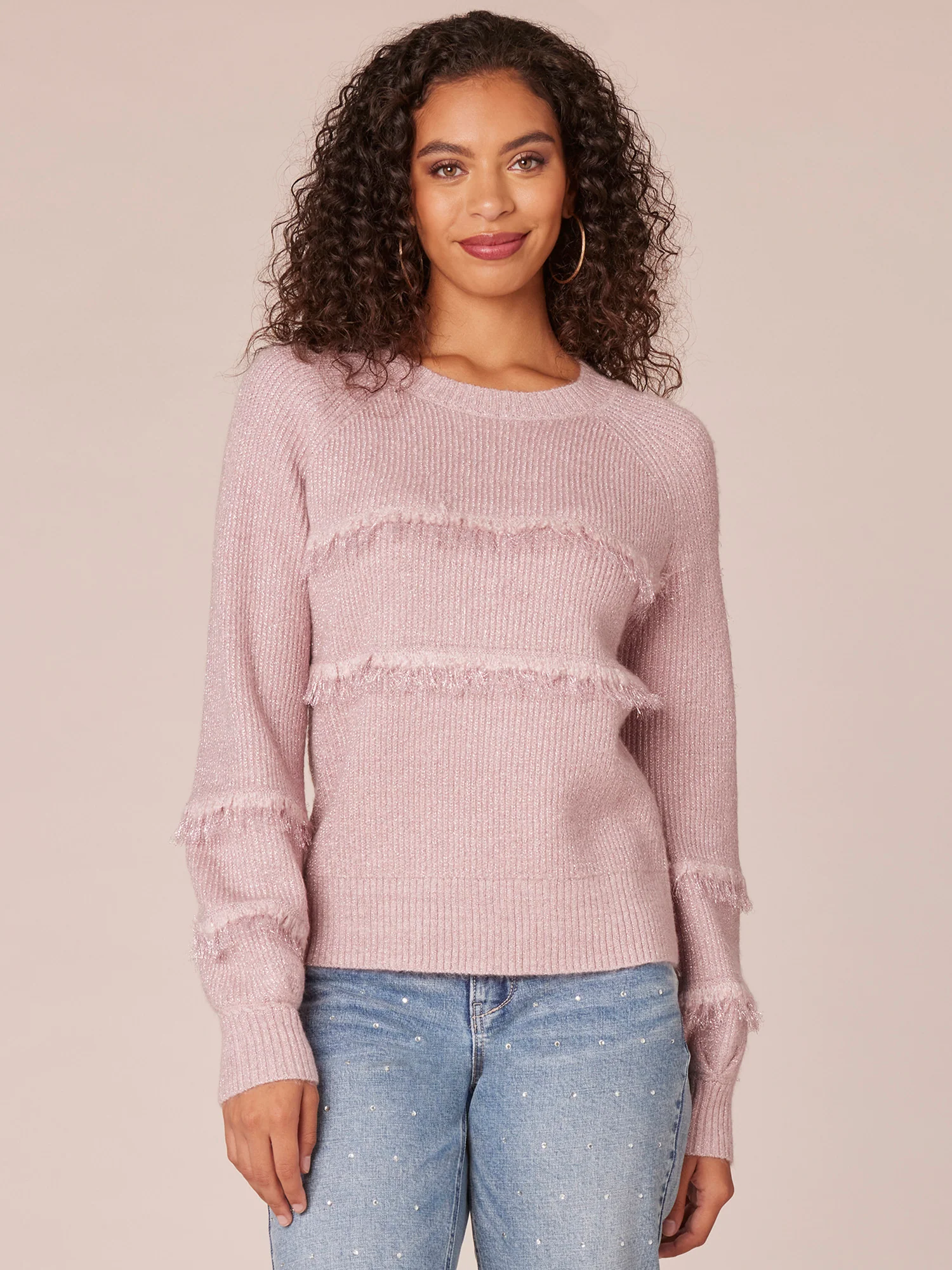 Long Raglan Sleeve Round Neck Metallic Placement Stripe Fringe Sweater - Legahigh