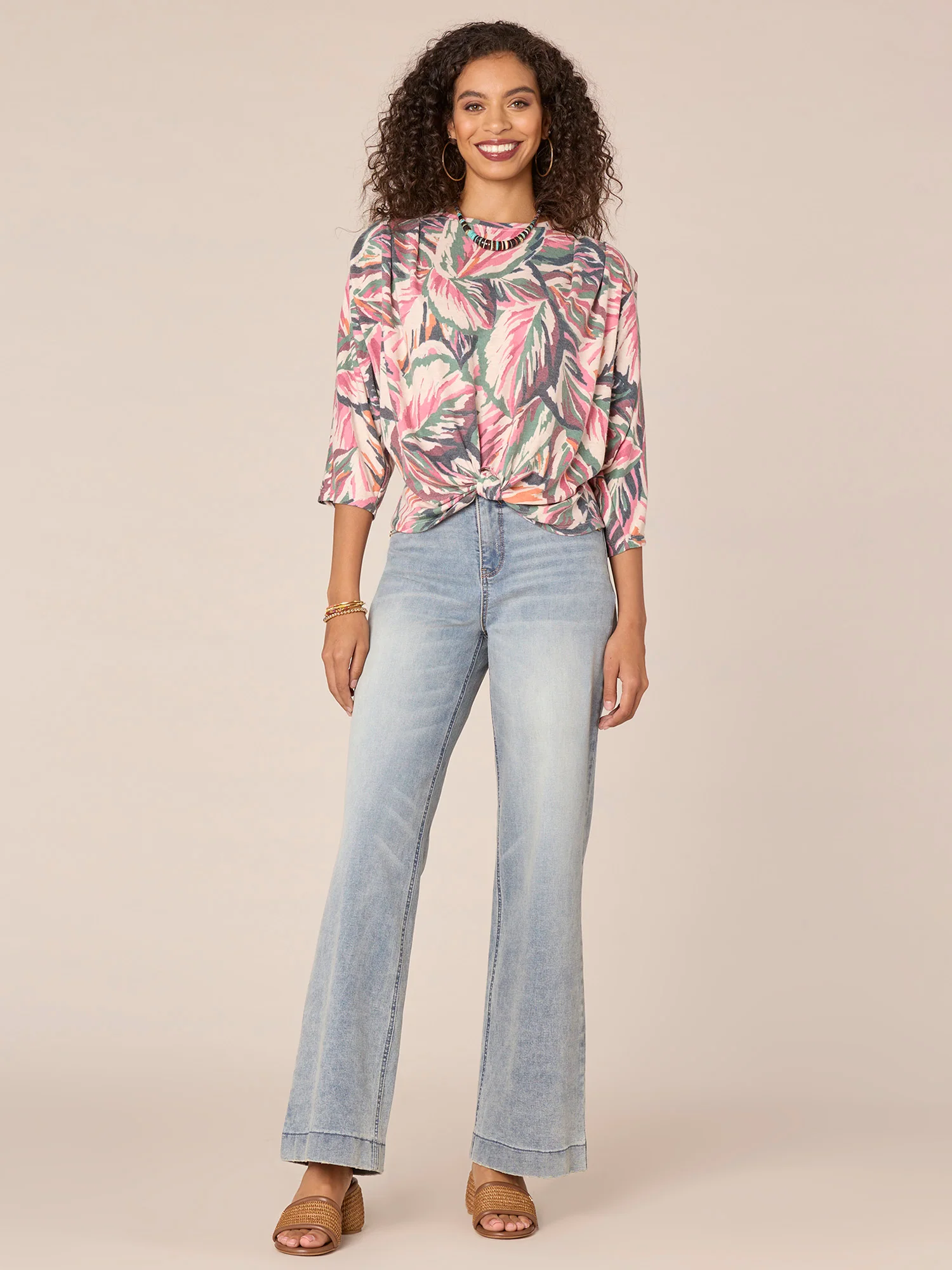 Three Quarter Sleeve Boatneck Leaf Print Knot Hem Knit Top - Legahigh